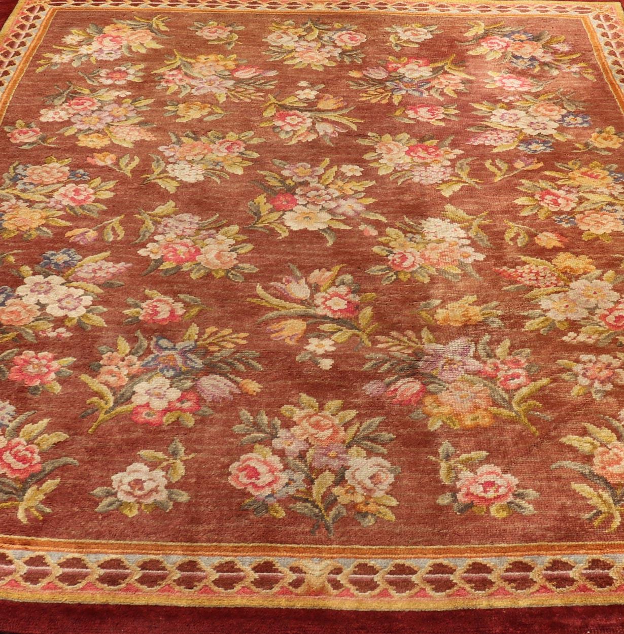 Antique Hand Knotted European Savonnerie Rug in Wool with Floral Design For Sale 1