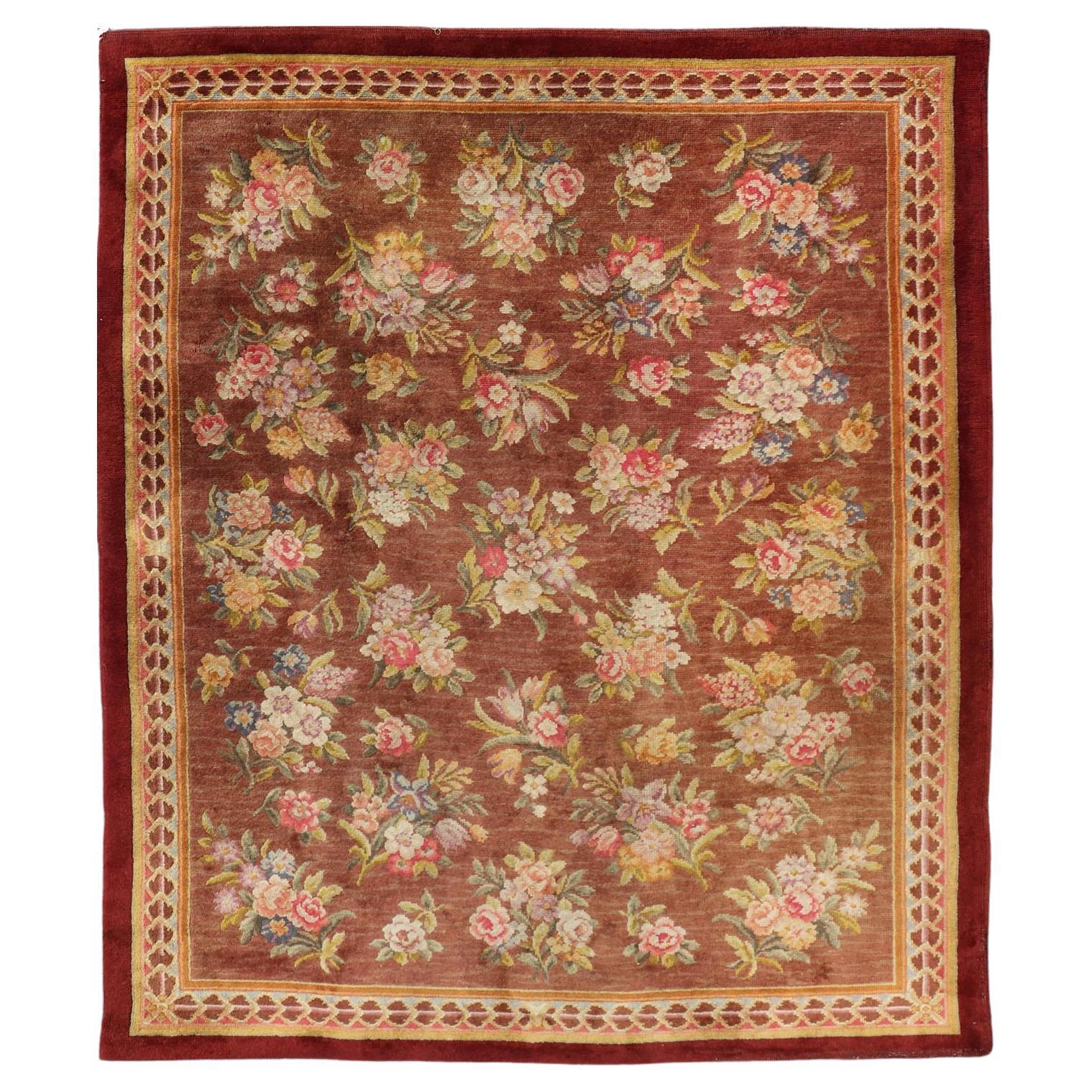 Antique Hand Knotted European Savonnerie Rug in Wool with Floral Design