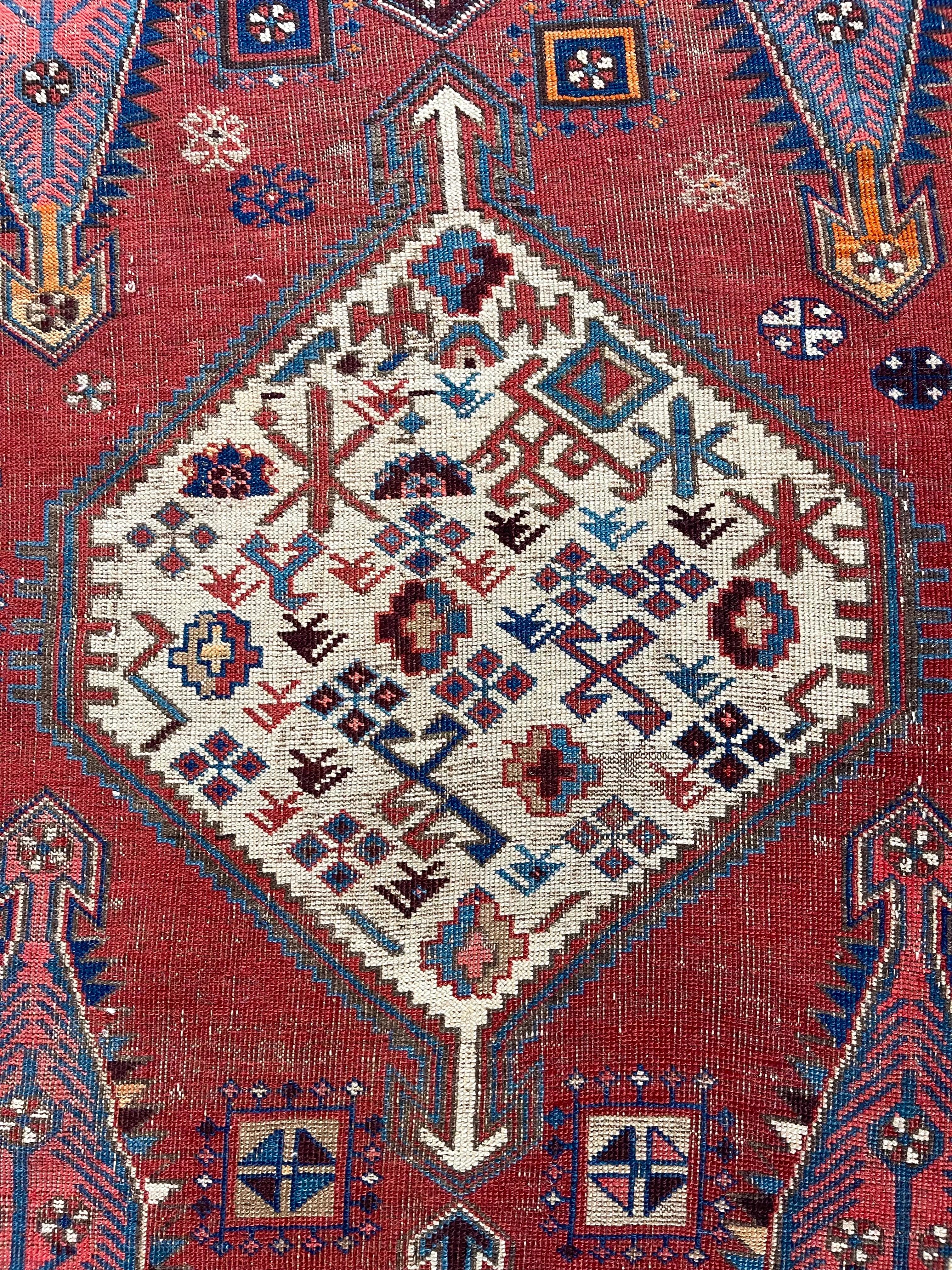 Alfombra geométrica antigua Kazak Lana en venta