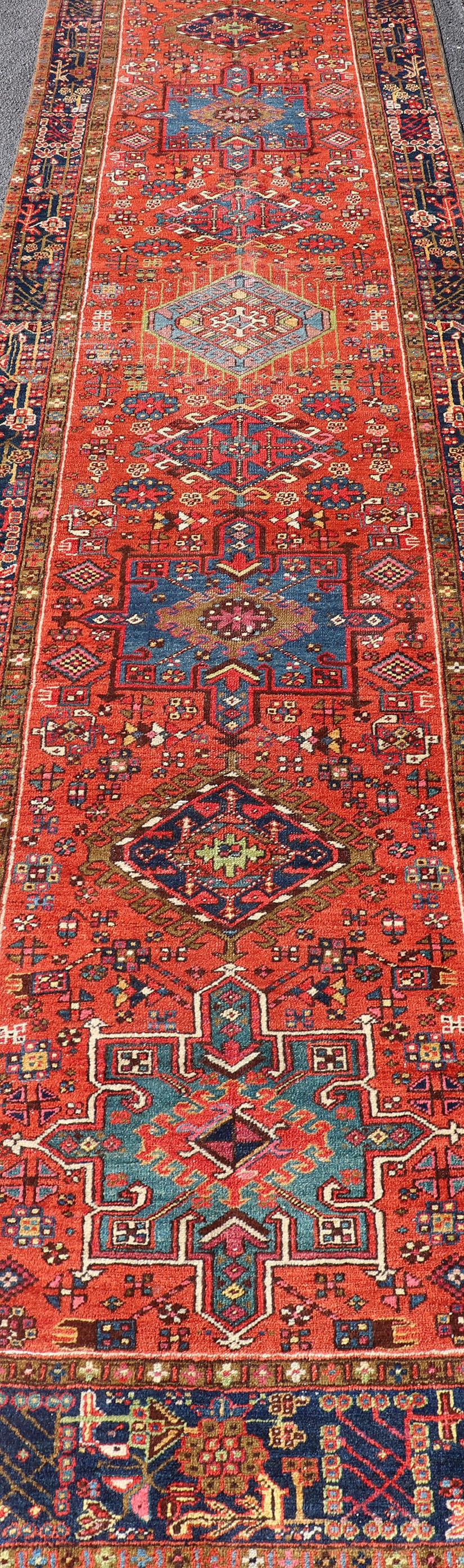 Antique Hand Knotted Geometric Persian Long Heriz Runner in Red, Blue and Teal For Sale 3