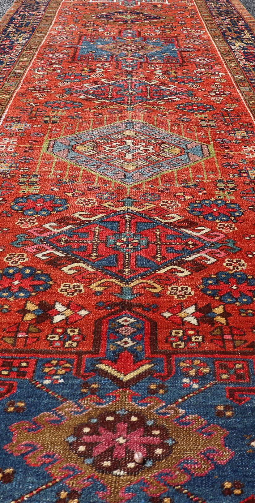 Antique Hand Knotted Geometric Persian Long Heriz Runner in Red, Blue and Teal For Sale 4