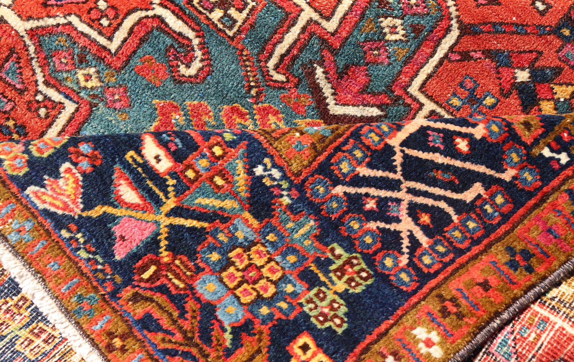 Antique Hand Knotted Geometric Persian Long Heriz Runner in Red, Blue and Teal For Sale 5