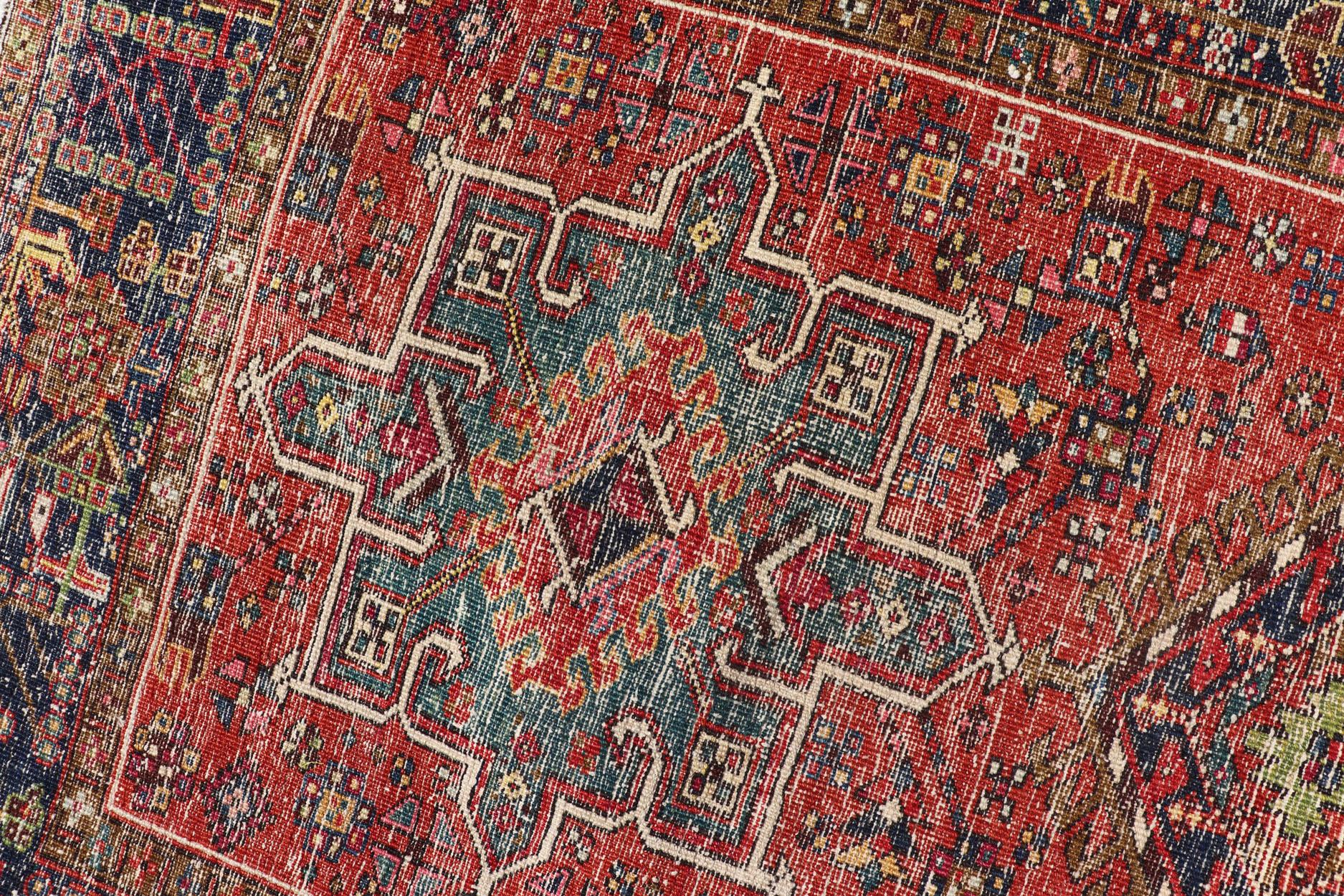 Antique Hand Knotted Geometric Persian Long Heriz Runner in Red, Blue and Teal For Sale 6