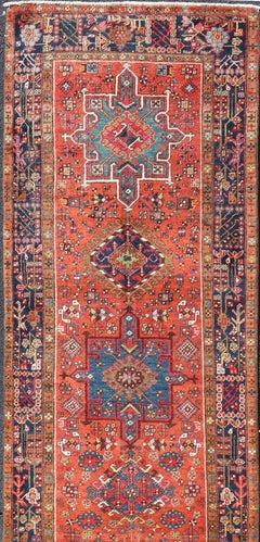 Antique Hand Knotted Geometric Persian Long Heriz Runner in Red, Blue and Teal