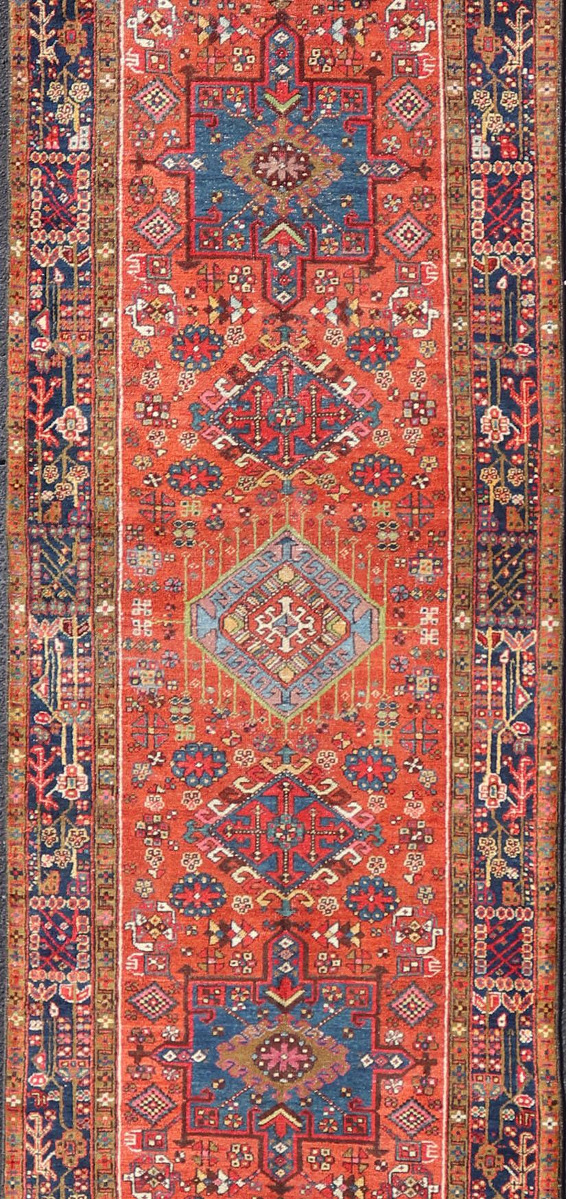 Heriz Serapi Antique Hand Knotted Geometric Persian Long Heriz Runner in Red, Blue and Teal For Sale