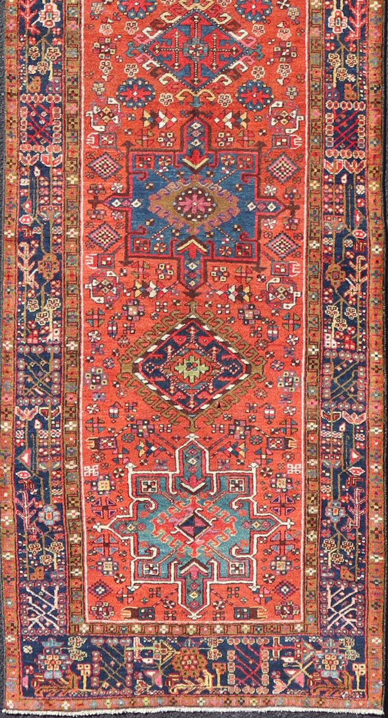 Hand-Knotted Antique Hand Knotted Geometric Persian Long Heriz Runner in Red, Blue and Teal For Sale