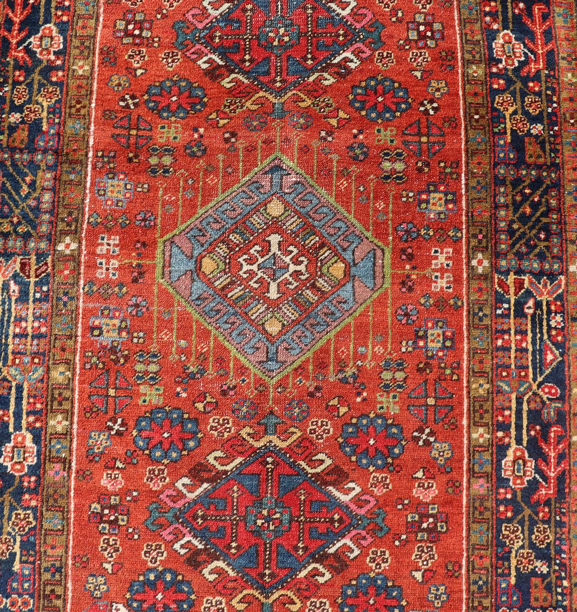Antique Hand Knotted Geometric Persian Long Heriz Runner in Red, Blue and Teal In Good Condition For Sale In Atlanta, GA