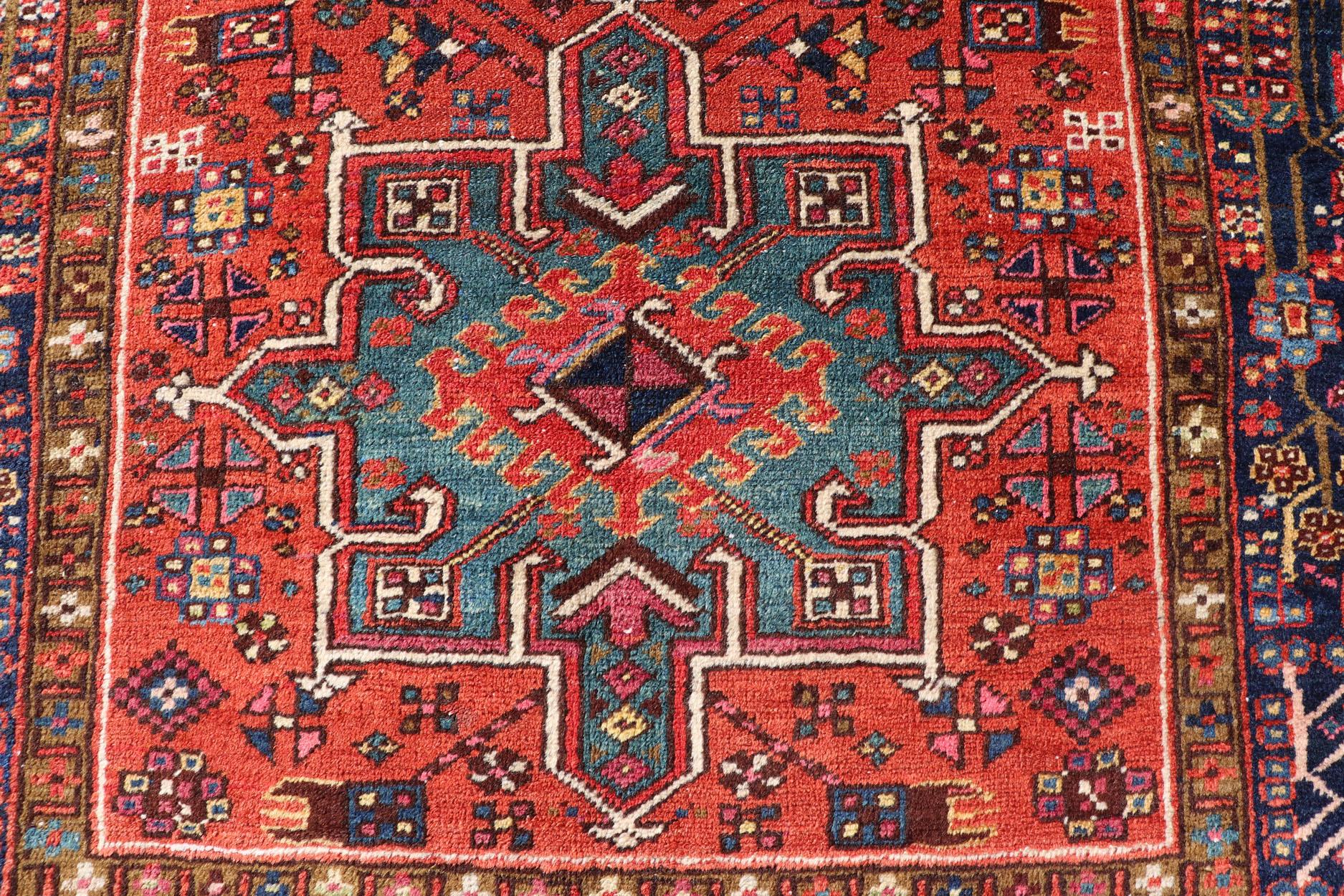 Antique Hand Knotted Geometric Persian Long Heriz Runner in Red, Blue and Teal For Sale 1