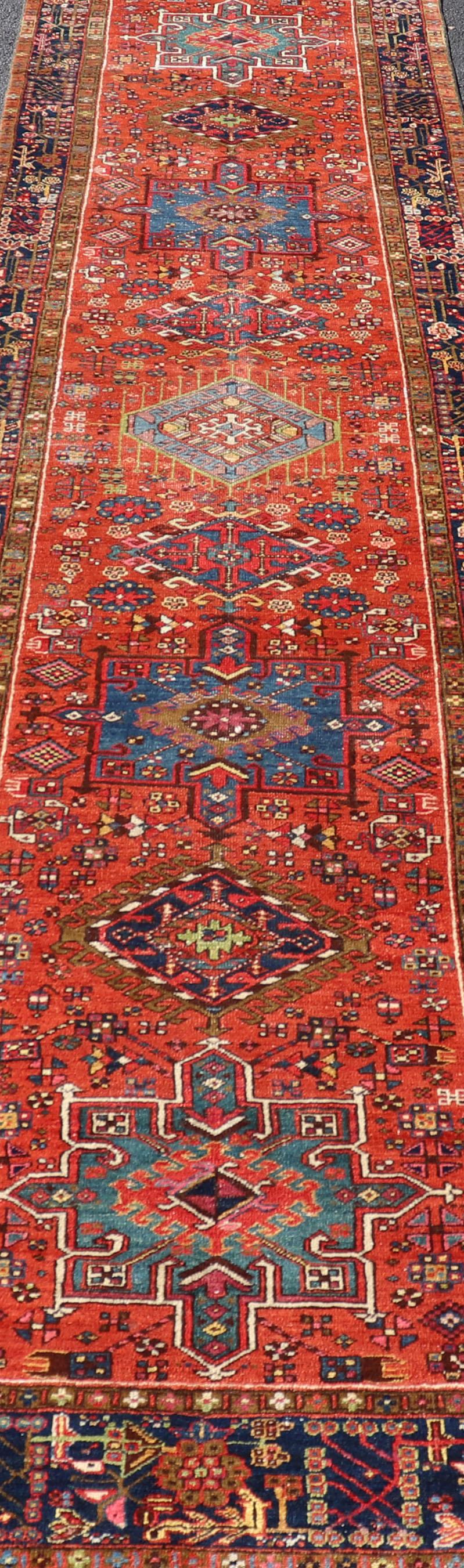 Antique Hand Knotted Geometric Persian Long Heriz Runner in Red, Blue and Teal For Sale 2