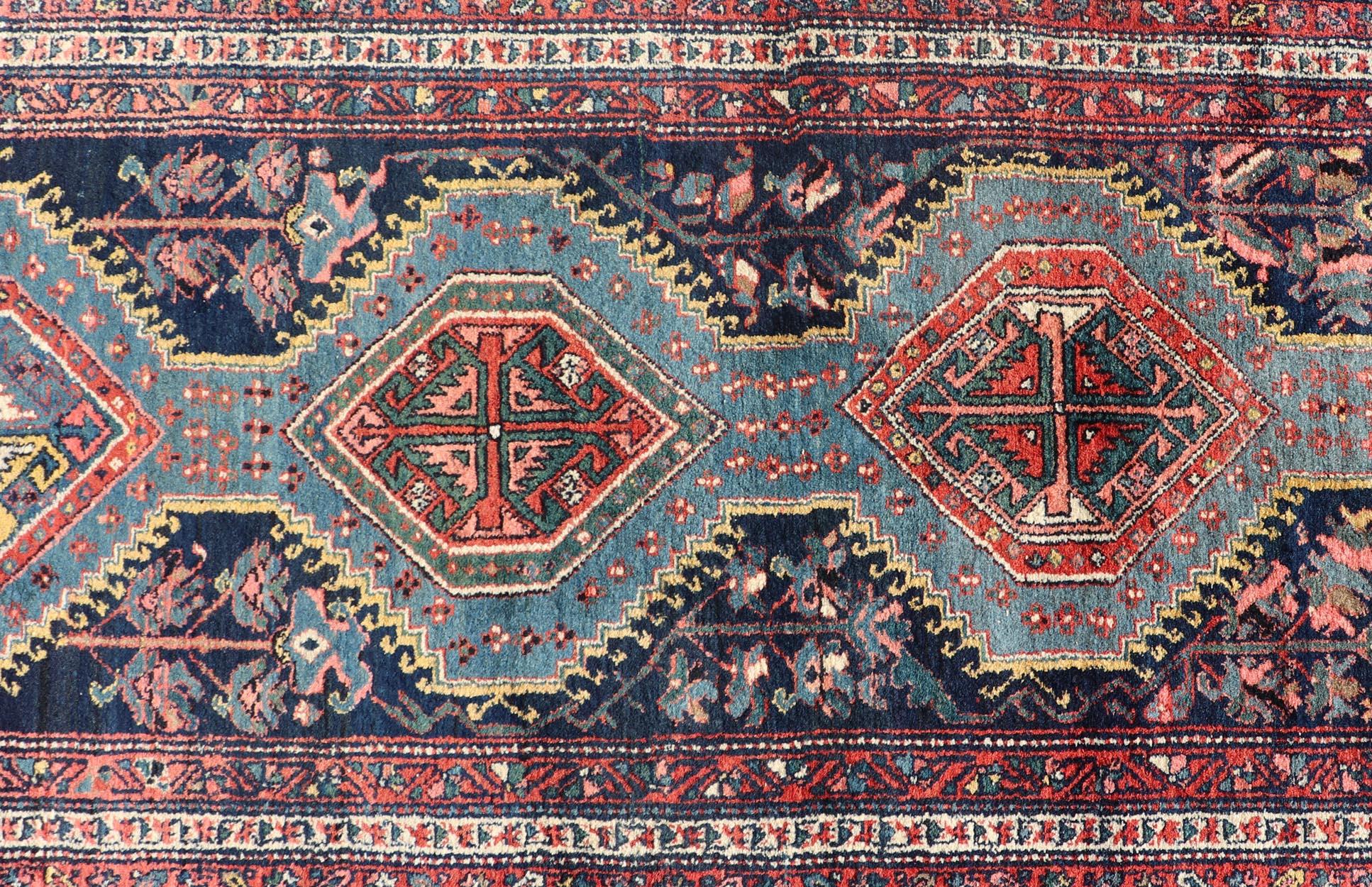 Malayer Antique Hand Knotted Hamadan Runner with Tribal Medallion Design in Jewel Tones For Sale