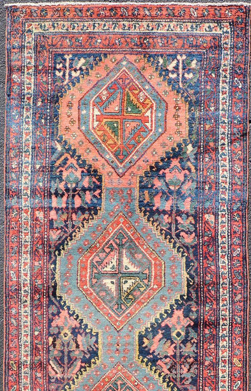 Persian Antique Hand Knotted Hamadan Runner with Tribal Medallion Design in Jewel Tones For Sale