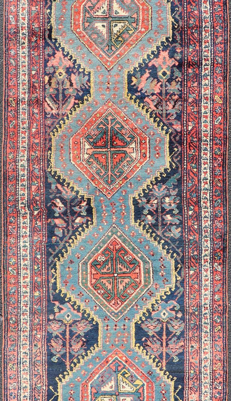 Hand-Knotted Antique Hand Knotted Hamadan Runner with Tribal Medallion Design in Jewel Tones For Sale