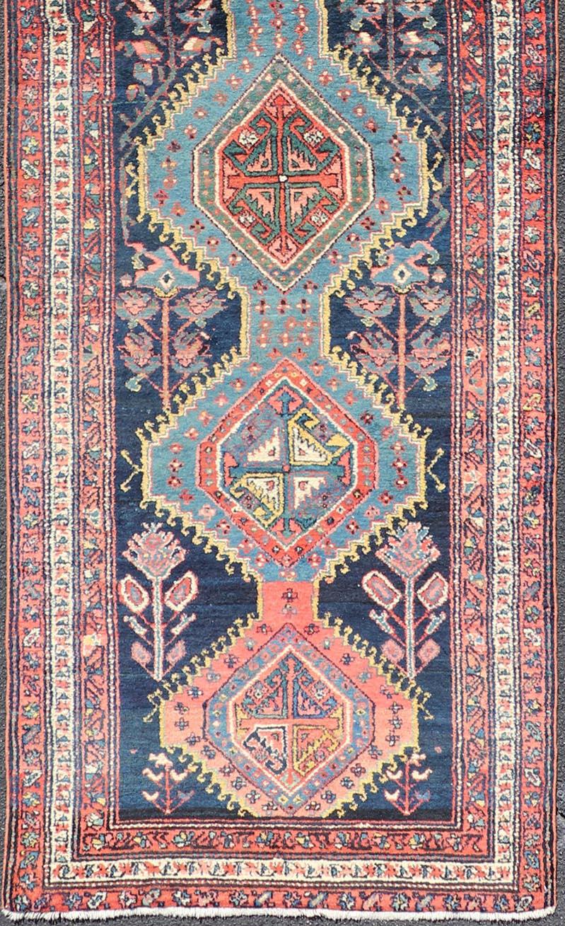 Antique Hand Knotted Hamadan Runner with Tribal Medallion Design in Jewel Tones In Good Condition For Sale In Atlanta, GA