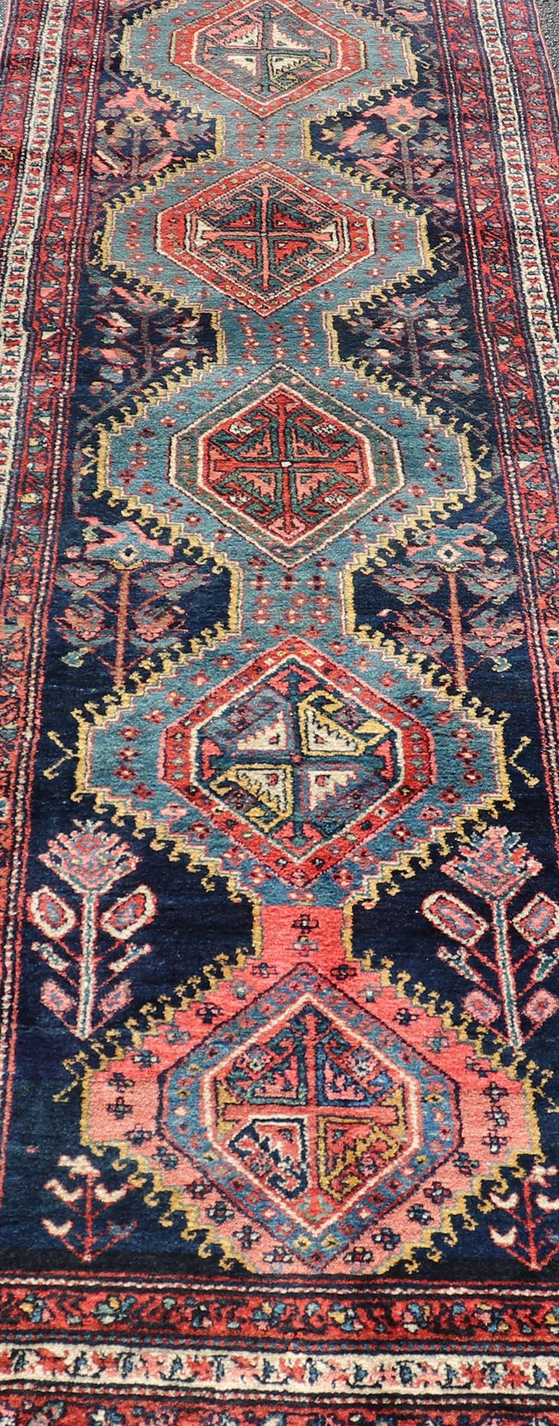 20th Century Antique Hand Knotted Hamadan Runner with Tribal Medallion Design in Jewel Tones For Sale