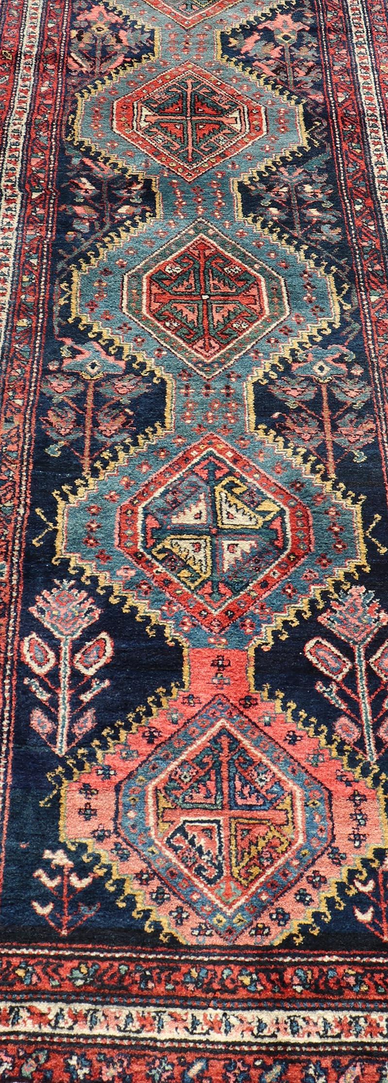 Wool Antique Hand Knotted Hamadan Runner with Tribal Medallion Design in Jewel Tones For Sale