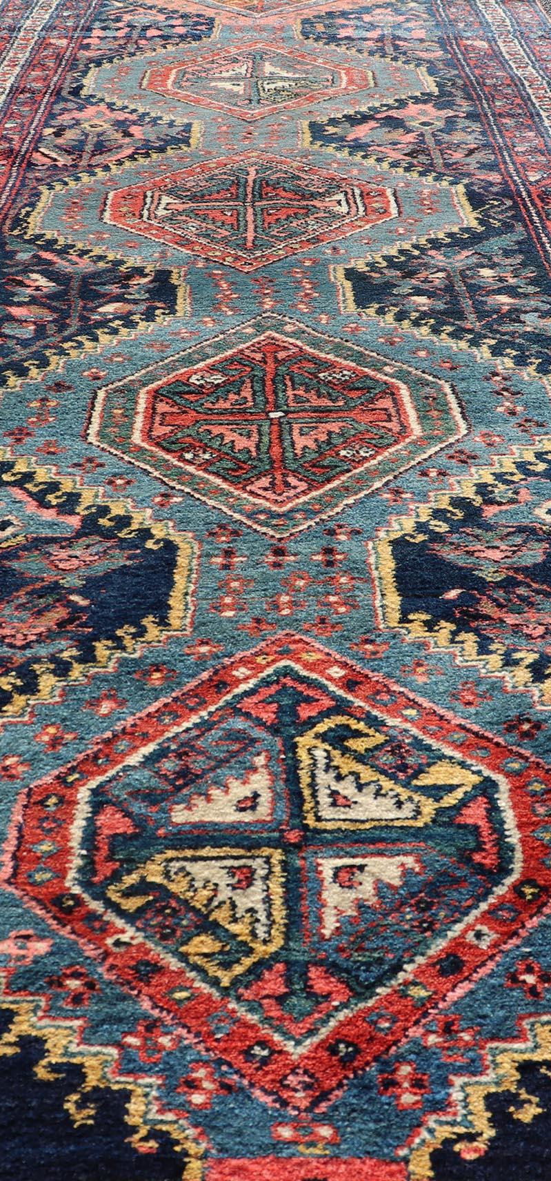 Antique Hand Knotted Hamadan Runner with Tribal Medallion Design in Jewel Tones For Sale 1