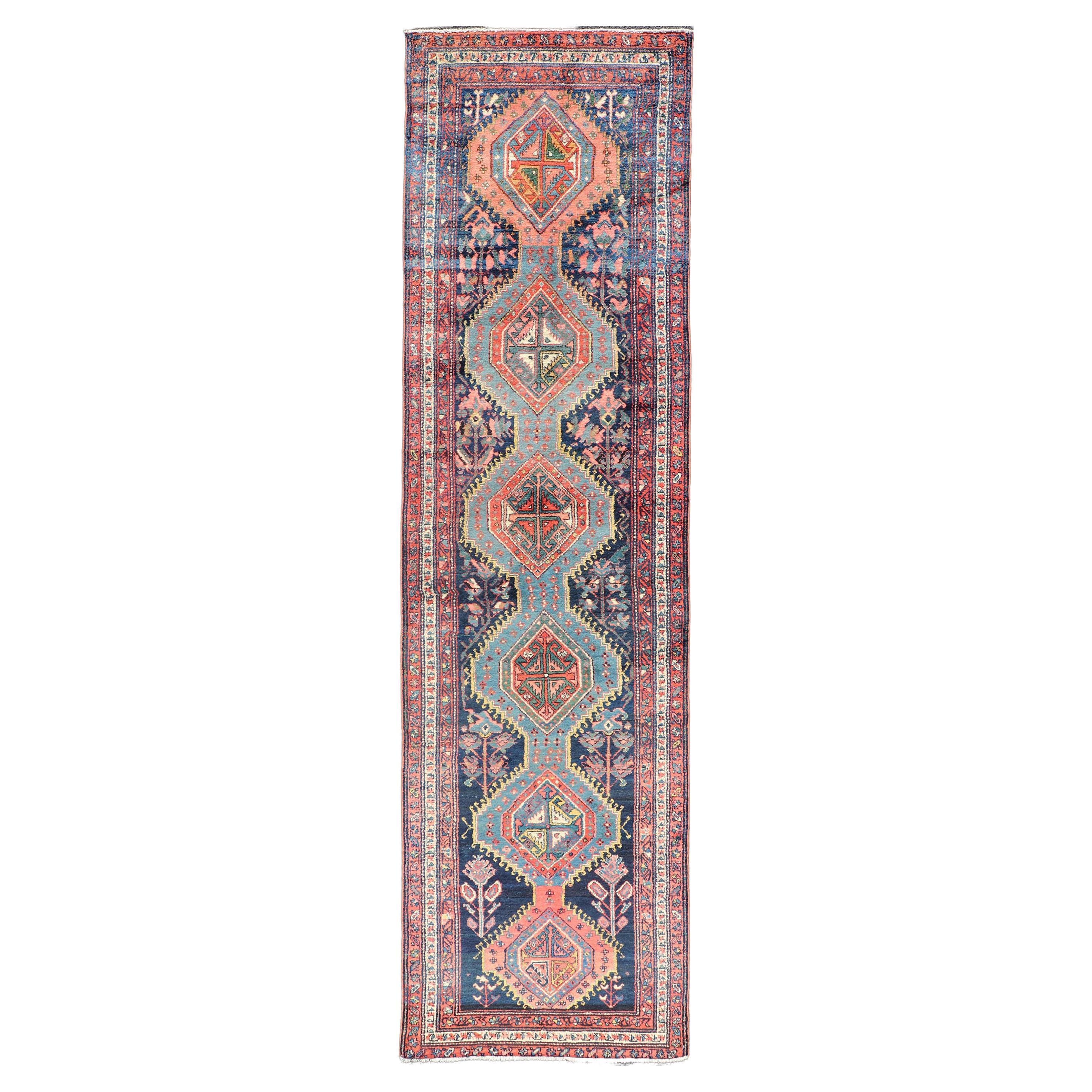 Antique Hand Knotted Hamadan Runner with Tribal Medallion Design in Jewel Tones For Sale