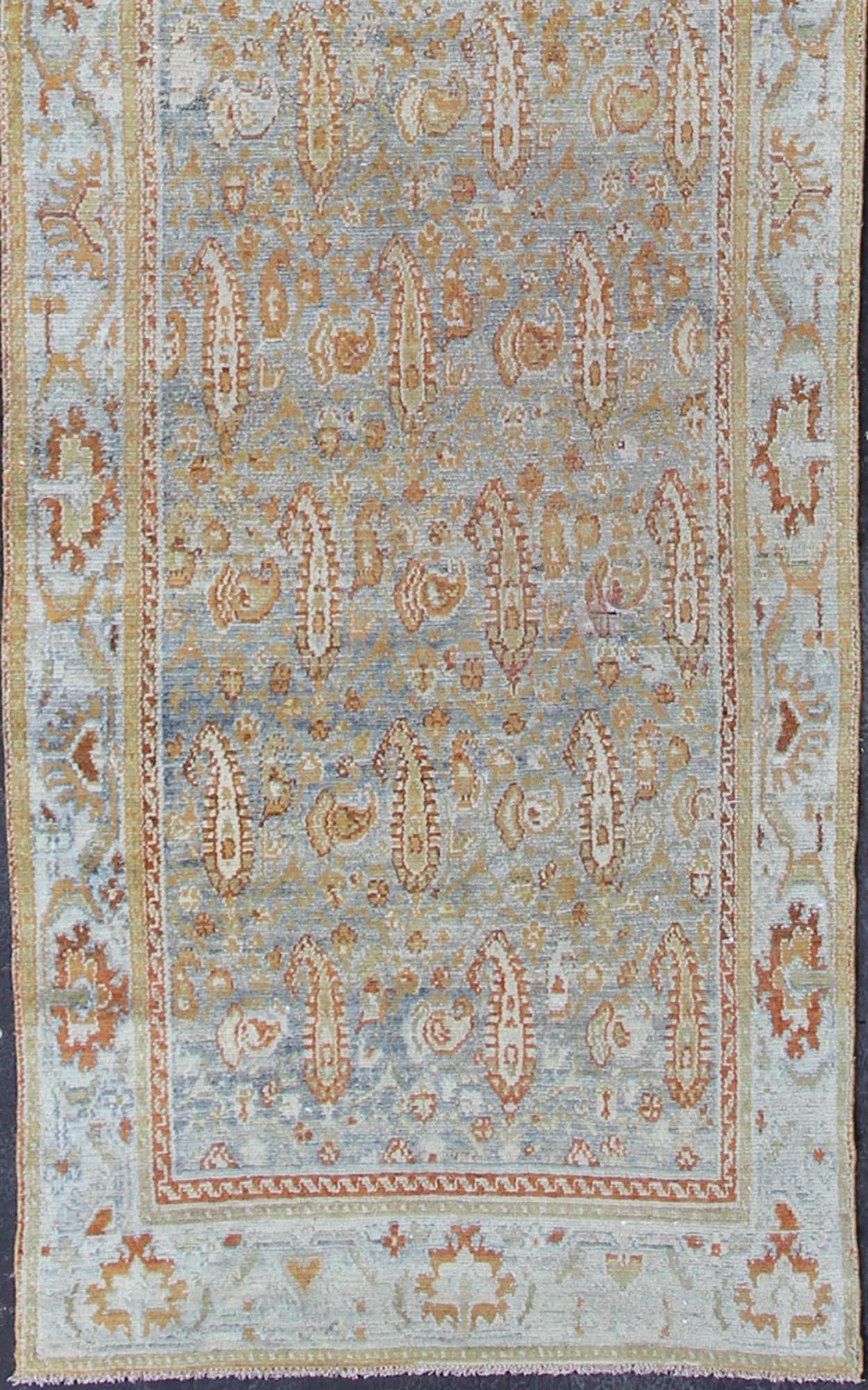 Malayer Antique Hand Knotted Kurdish Runner in Soft Tones of Blue, Soft Green, & Orange