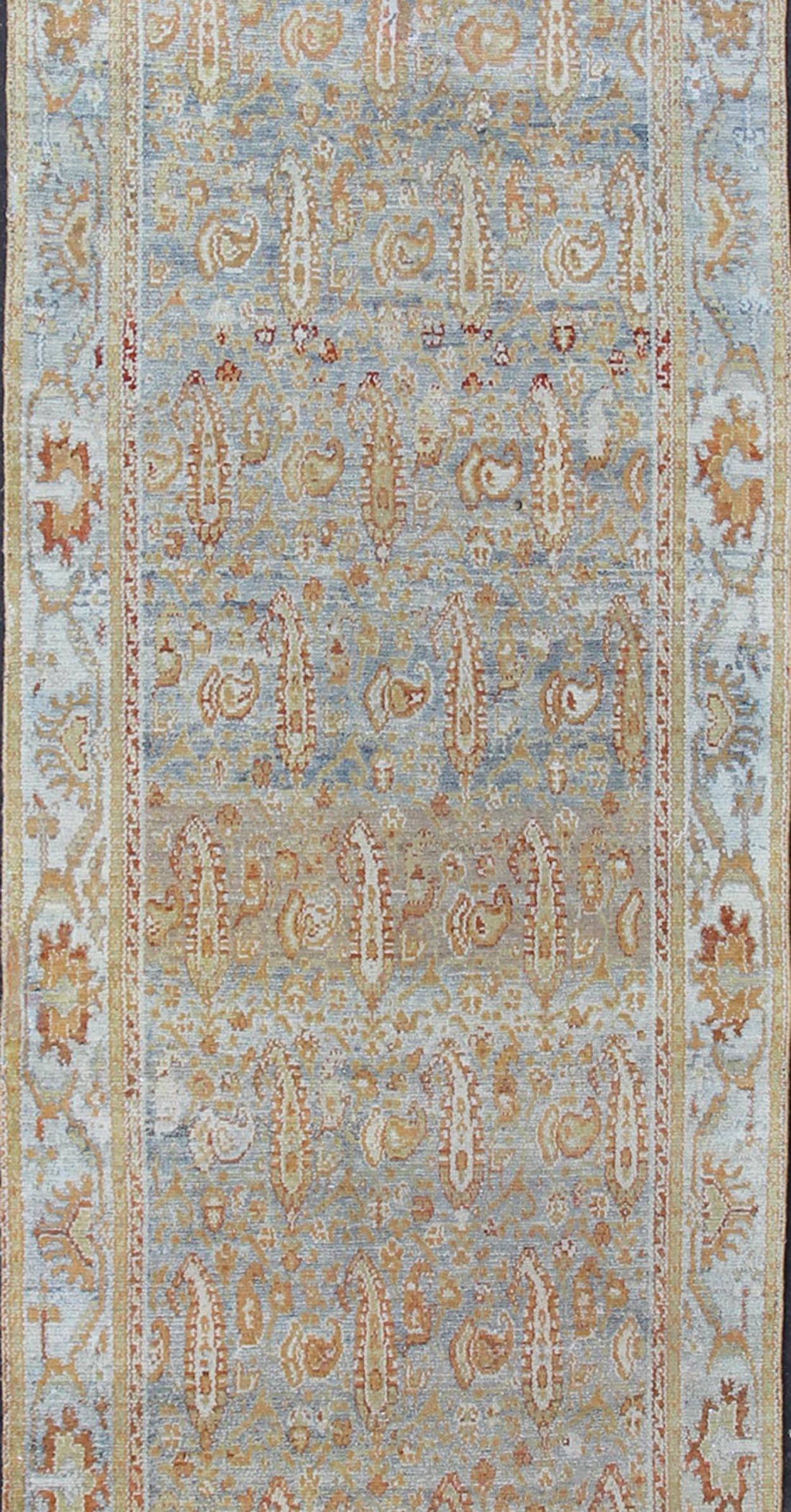 Persian Antique Hand Knotted Kurdish Runner in Soft Tones of Blue, Soft Green, & Orange