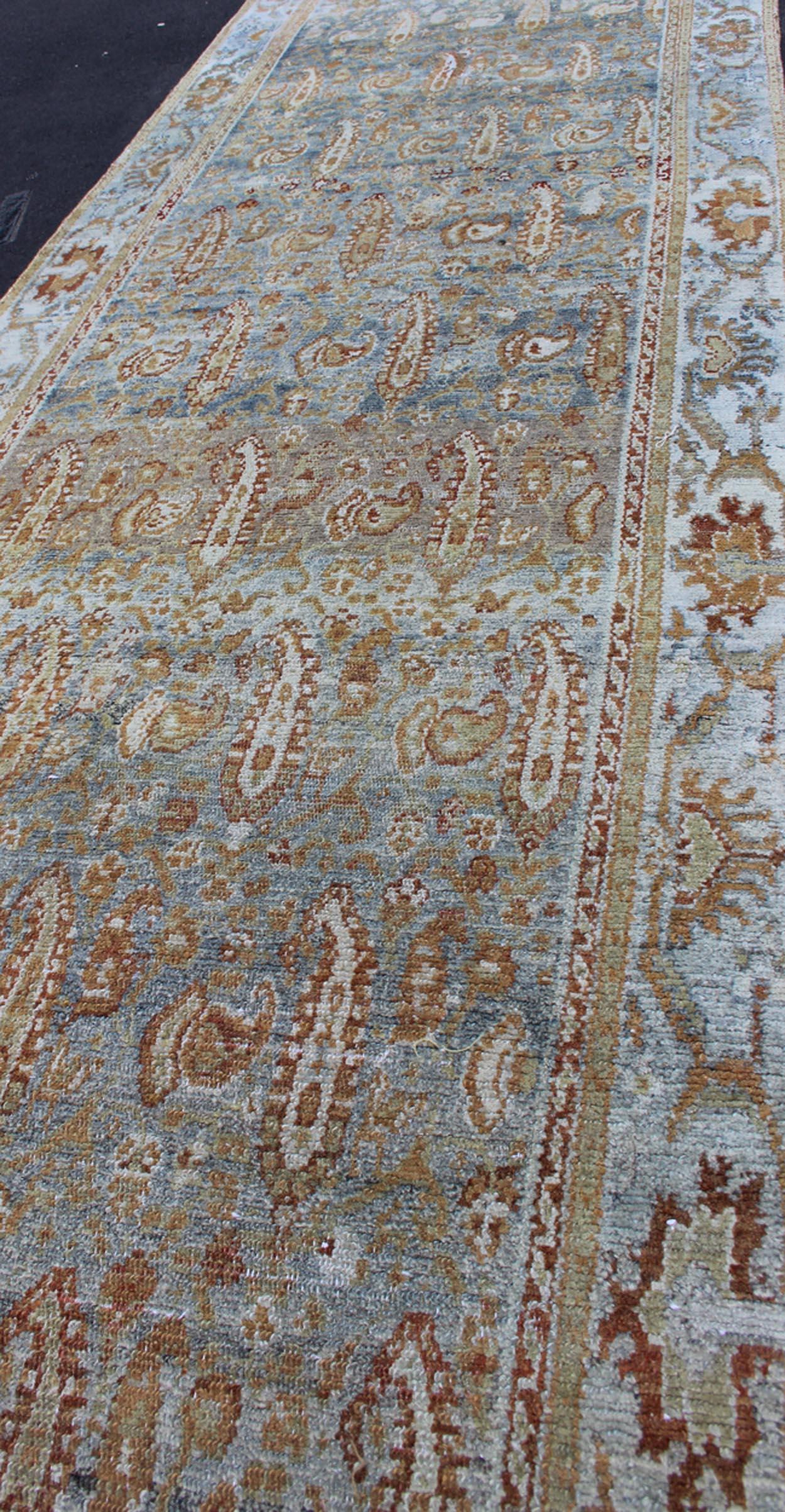Hand-Knotted Antique Hand Knotted Kurdish Runner in Soft Tones of Blue, Soft Green, & Orange