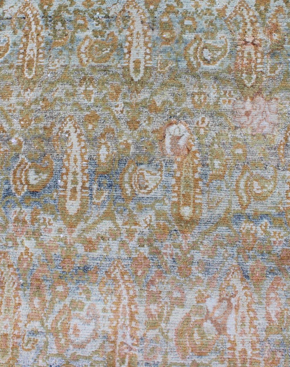 Wool Antique Hand Knotted Kurdish Runner in Soft Tones of Blue, Soft Green, & Orange