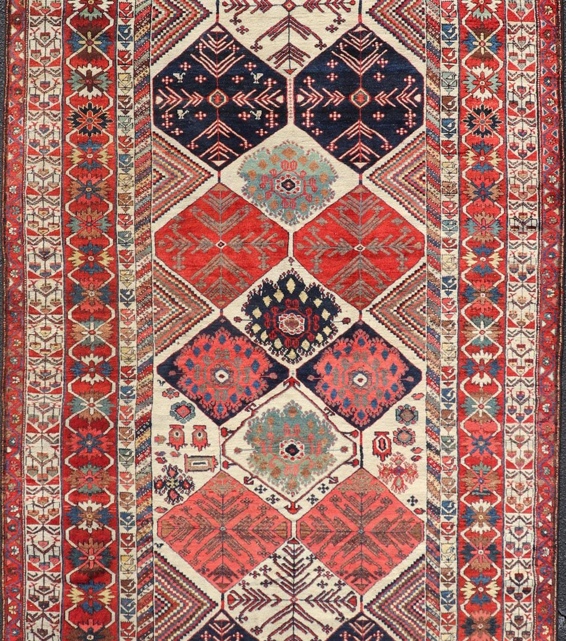 Tribal Antique Hand-Knotted Persian Bakhtiari Gallery Rug in Wool with Diamond Design For Sale