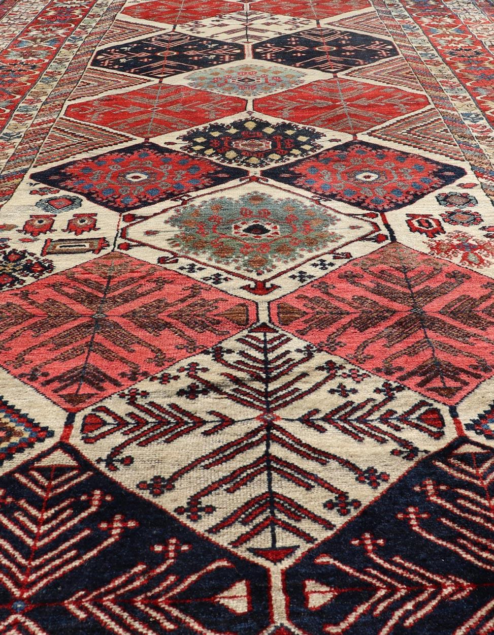 20th Century Antique Hand-Knotted Persian Bakhtiari Gallery Rug in Wool with Diamond Design For Sale