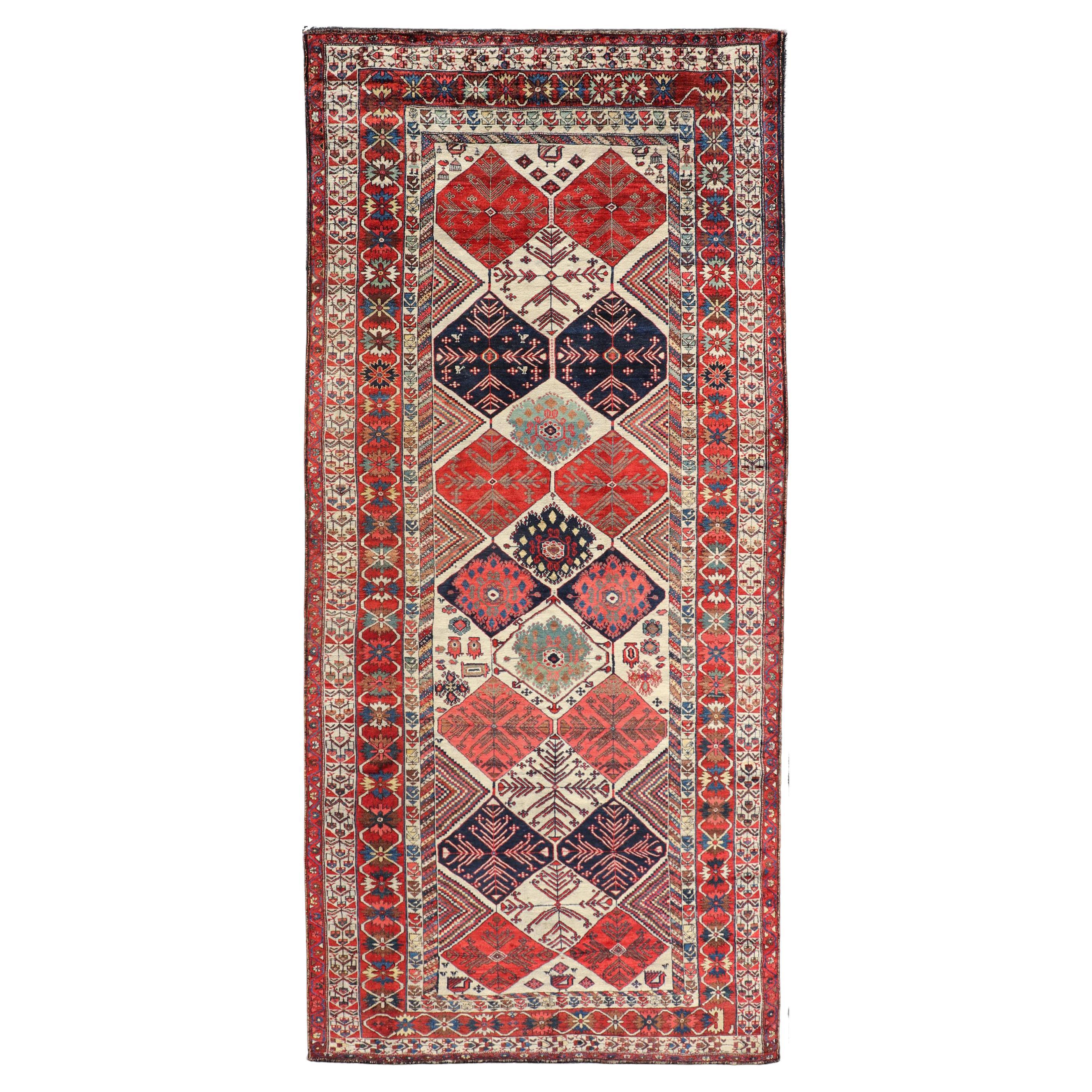 Antique Hand-Knotted Persian Bakhtiari Gallery Rug in Wool with Diamond Design For Sale