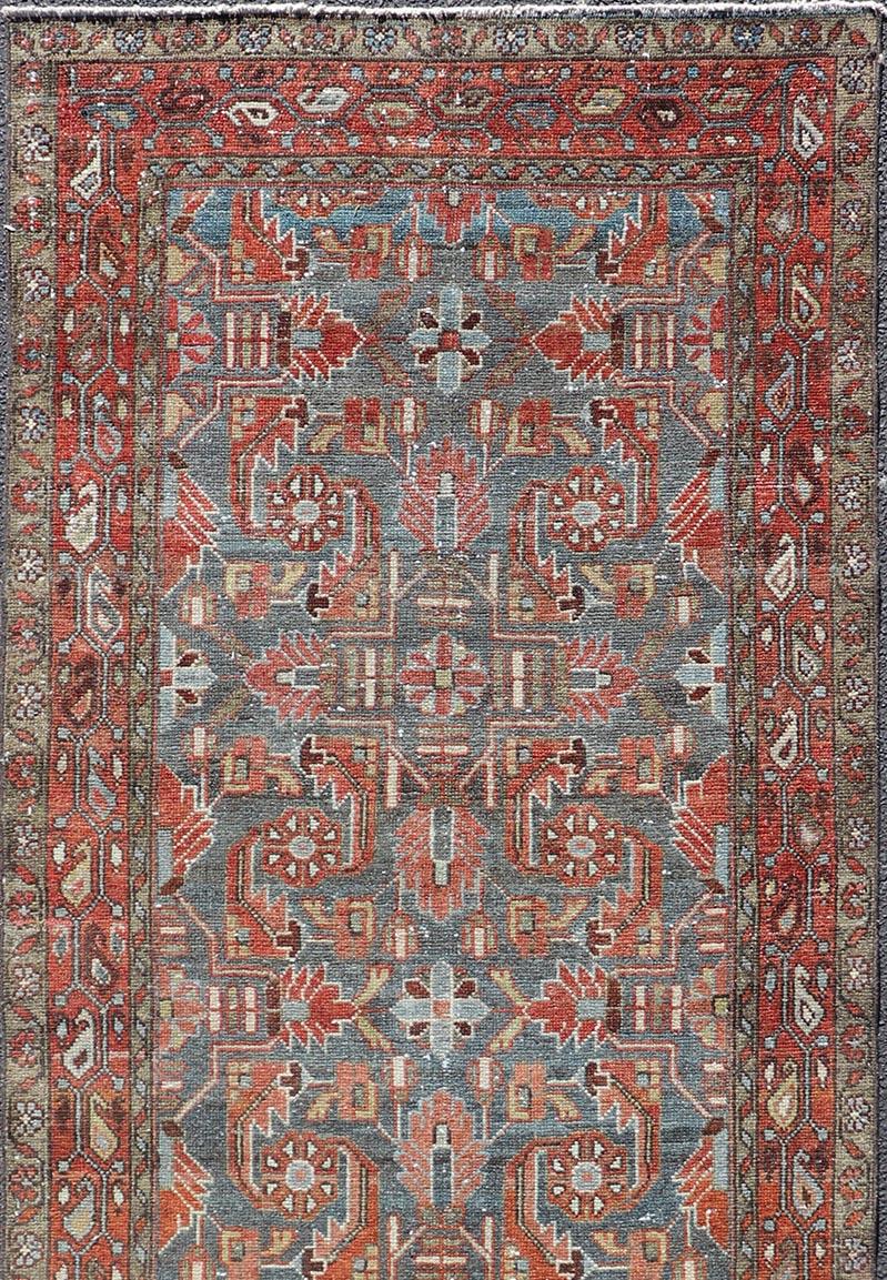 Hand Knotted antique Persian Hamadan runner with sub-geometric design. Intricately designed antique Hamadan runner, rug EN-13477, Keivan Woven Arts / country of origin / type: Iran / Hamedan, circa 1920

Measures: 3'4 x 9'7.