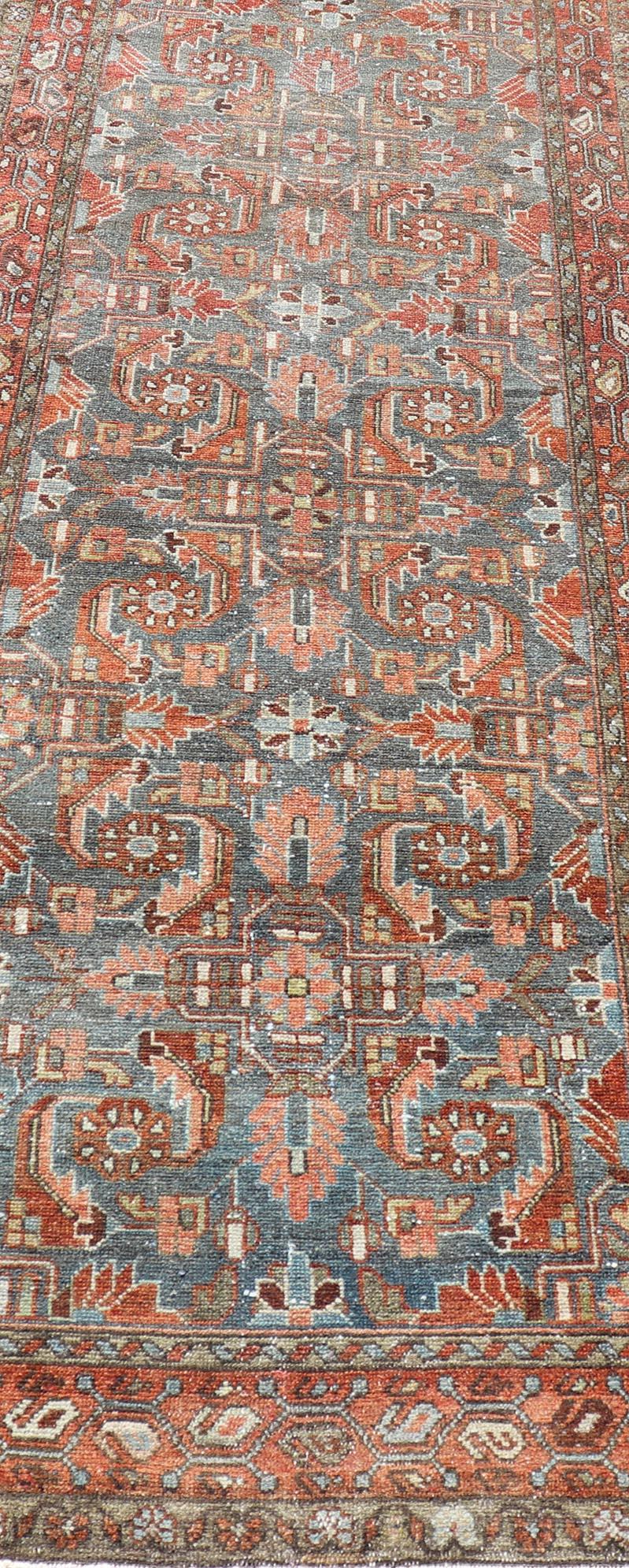Wool Antique Hand Knotted Persian Hamedan Runner with Sub-Geometric Design