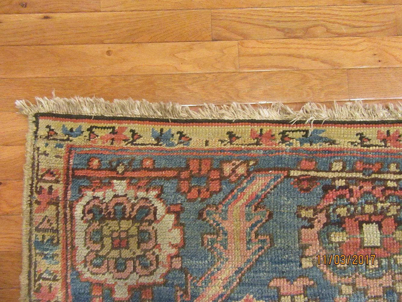 Antique Hand-Knotted Wool Blue Persian Heriz Rug For Sale 6