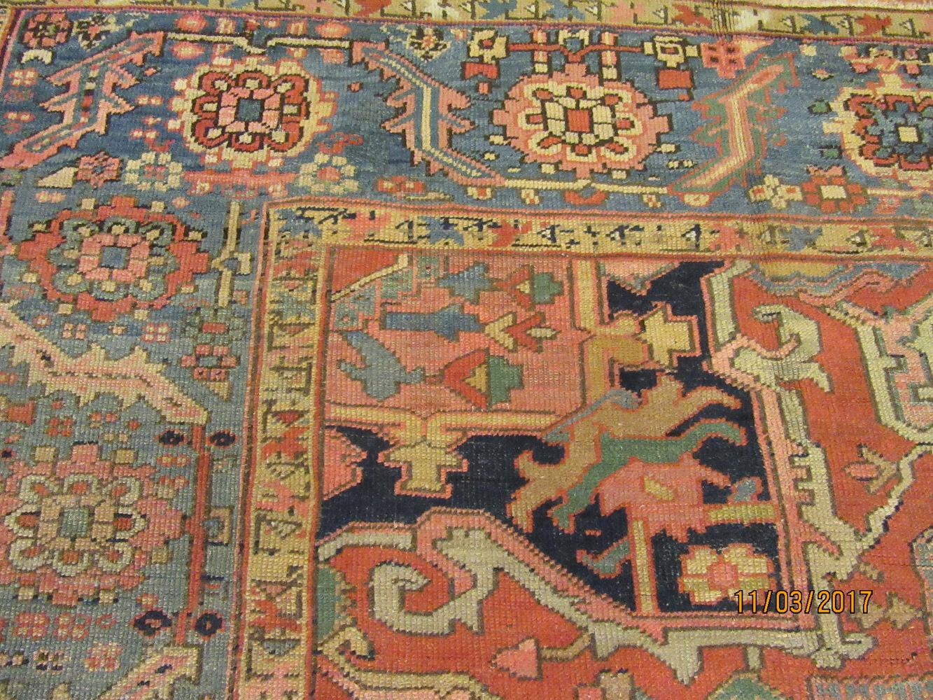 Antique Hand-Knotted Wool Blue Persian Heriz Rug For Sale 7