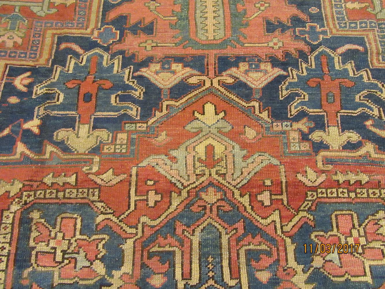 Antique Hand-Knotted Wool Blue Persian Heriz Rug For Sale 9