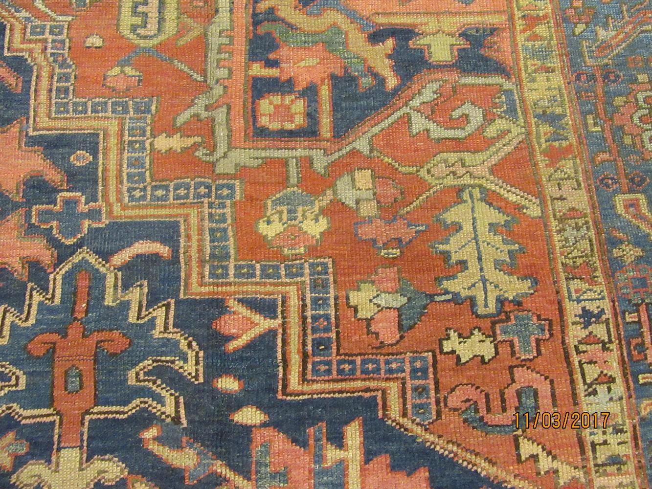 Antique Hand-Knotted Wool Blue Persian Heriz Rug For Sale 10