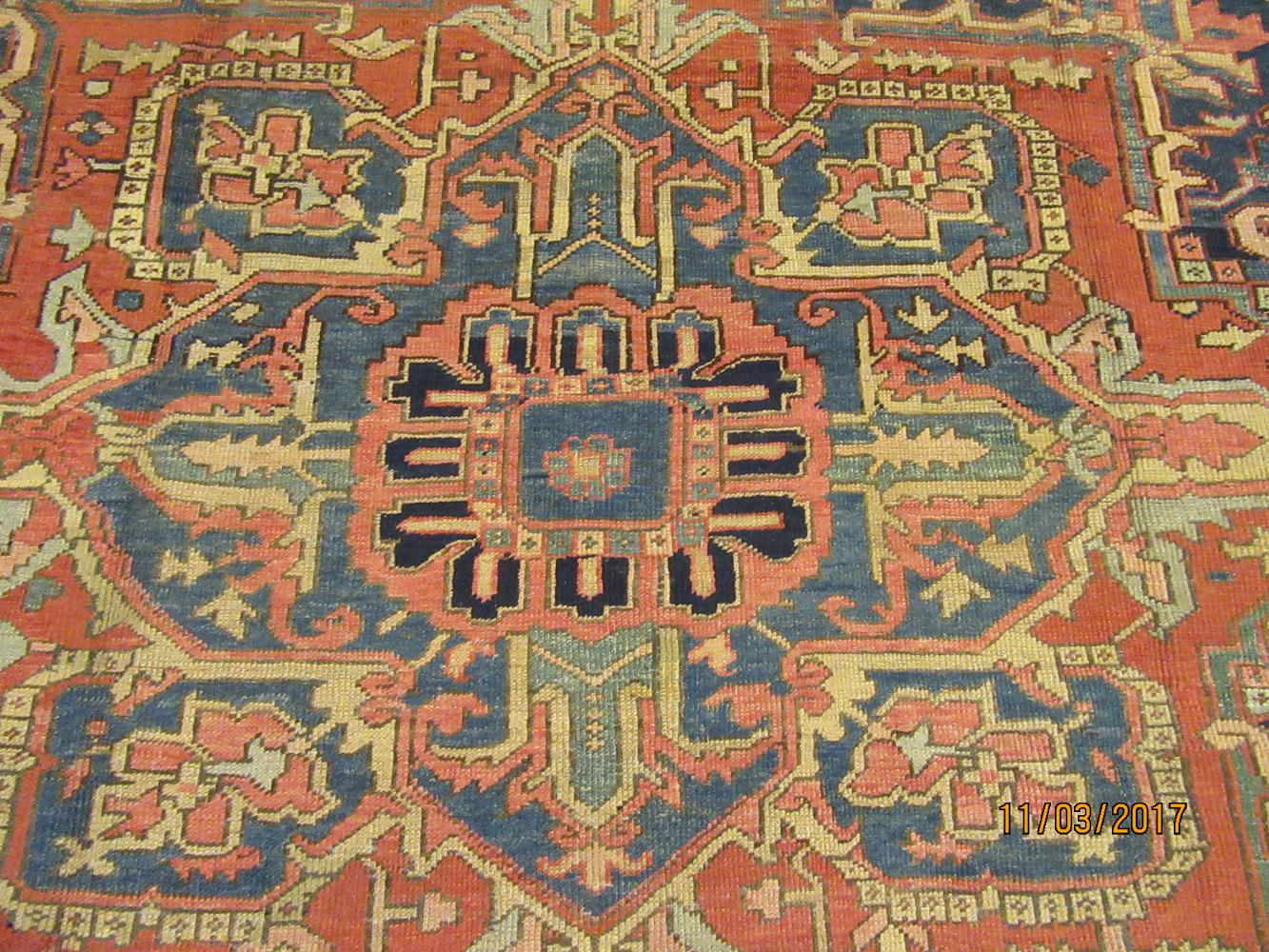 Antique Hand-Knotted Wool Blue Persian Heriz Rug For Sale 12