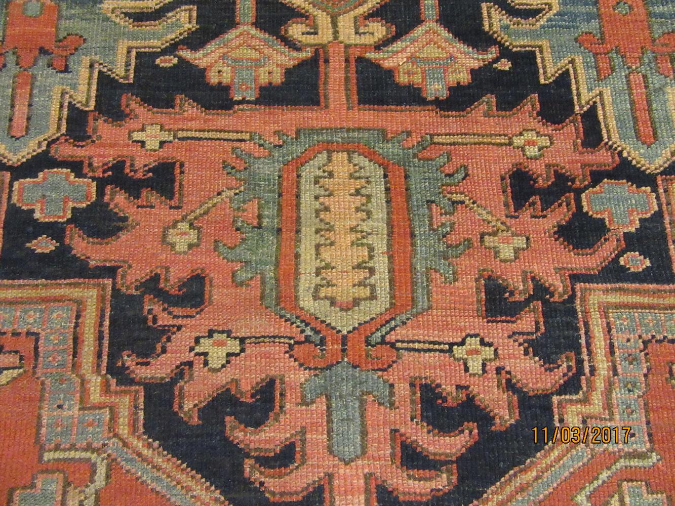 Antique Hand-Knotted Wool Blue Persian Heriz Rug For Sale 2