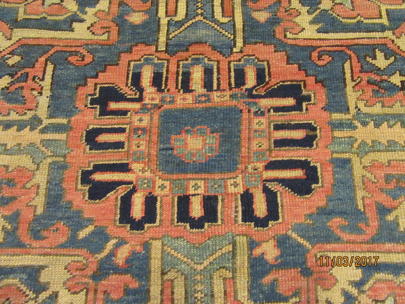 Antique Hand-Knotted Wool Blue Persian Heriz Rug For Sale 3
