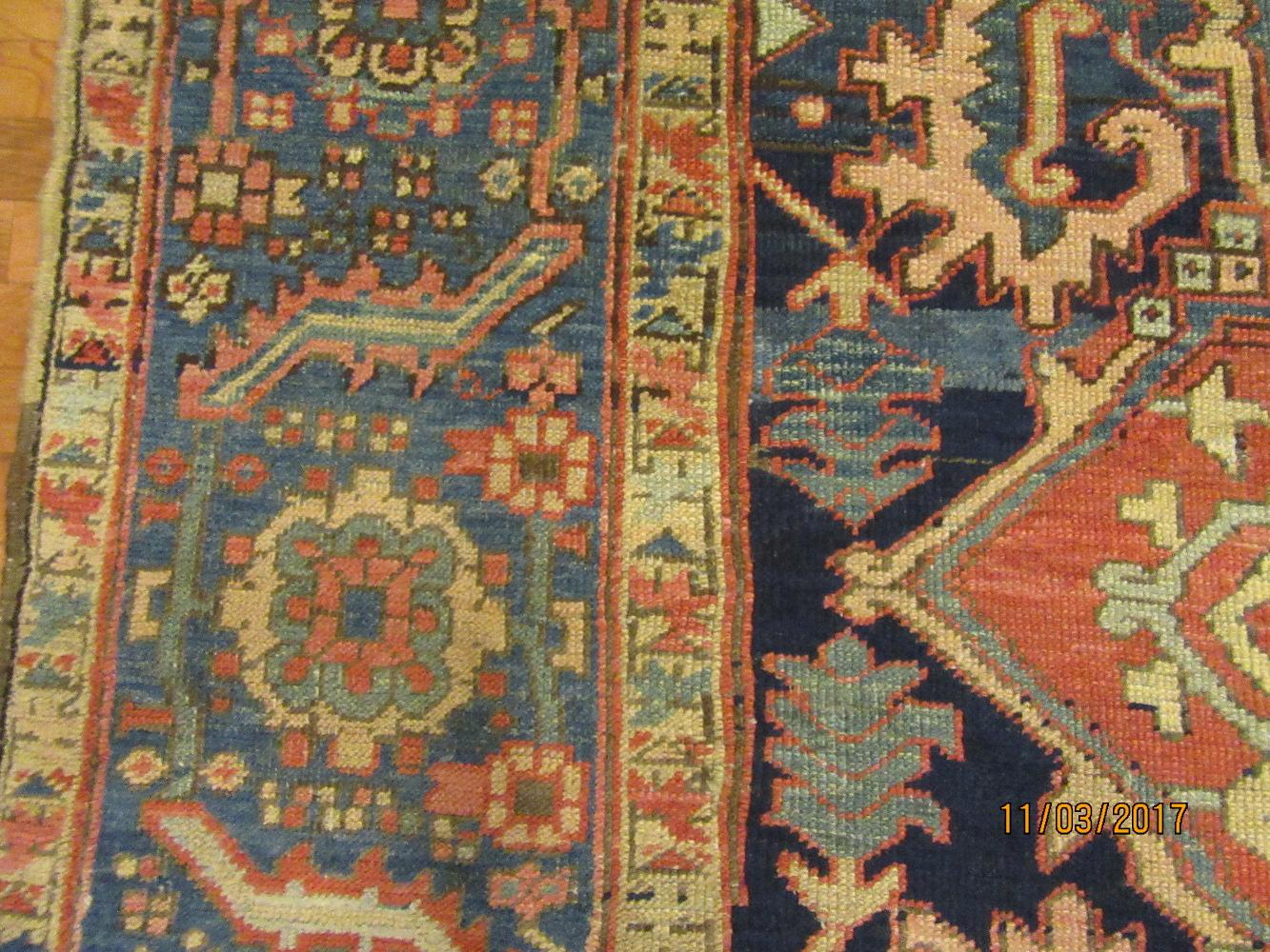 Antique Hand-Knotted Wool Blue Persian Heriz Rug For Sale 4