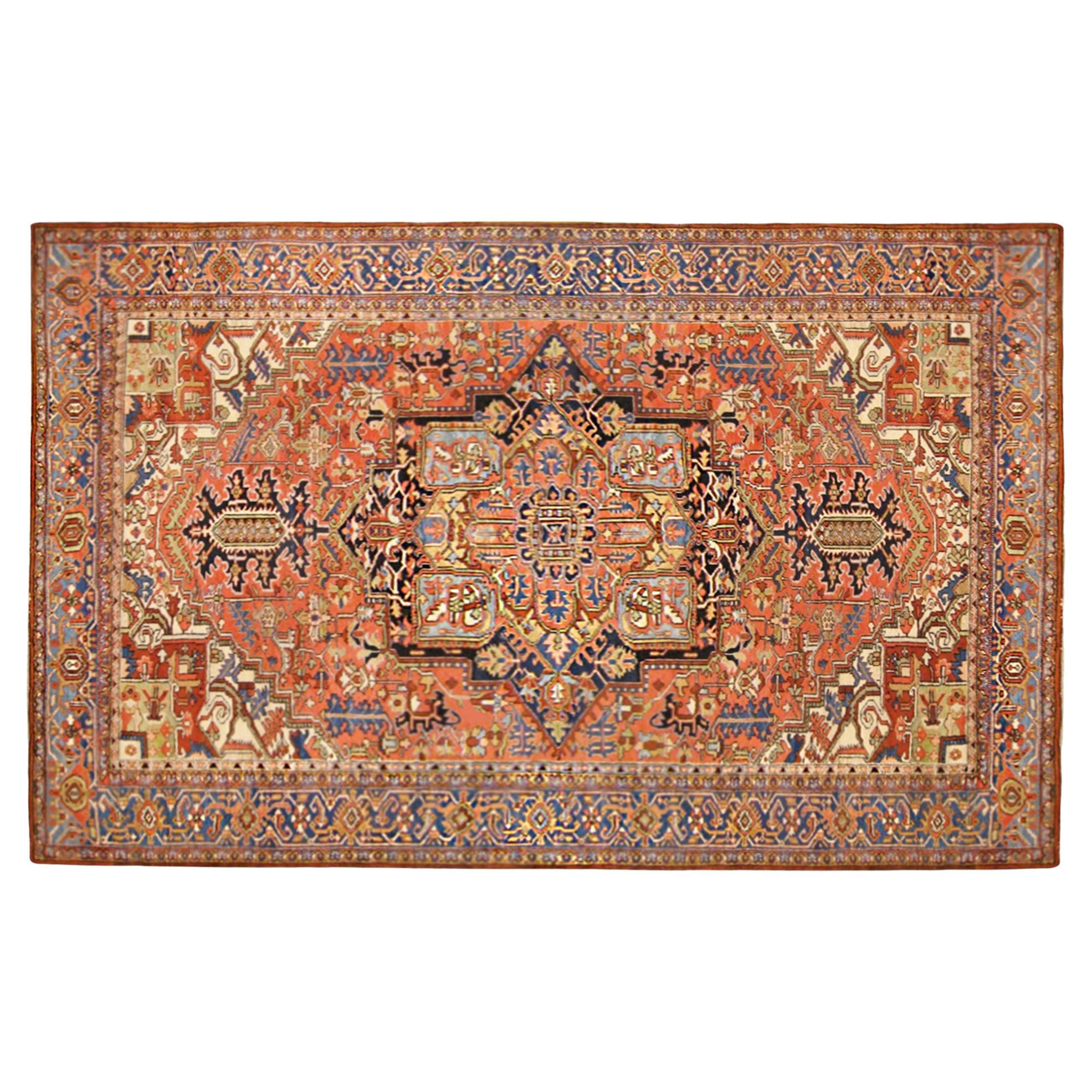 Antique Hand-Knotted Persian Heriz Oriental Carpet For Sale