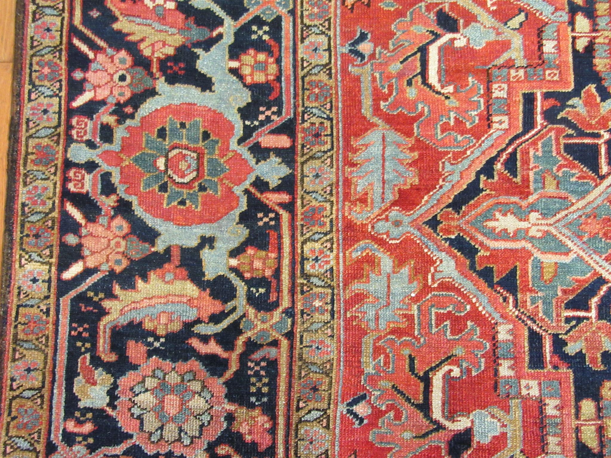 Antique Hand Knotted Red, Blue Navy Wool Persian Heriz Rug For Sale 4