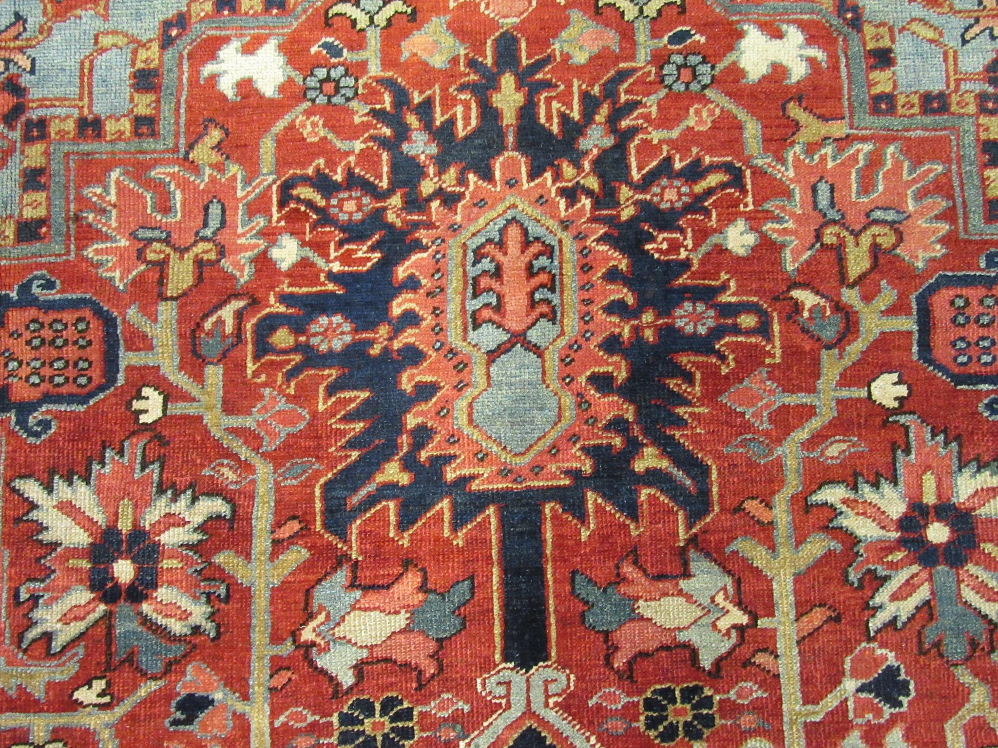 Antique Hand Knotted Red, Blue Navy Wool Persian Heriz Rug For Sale 5