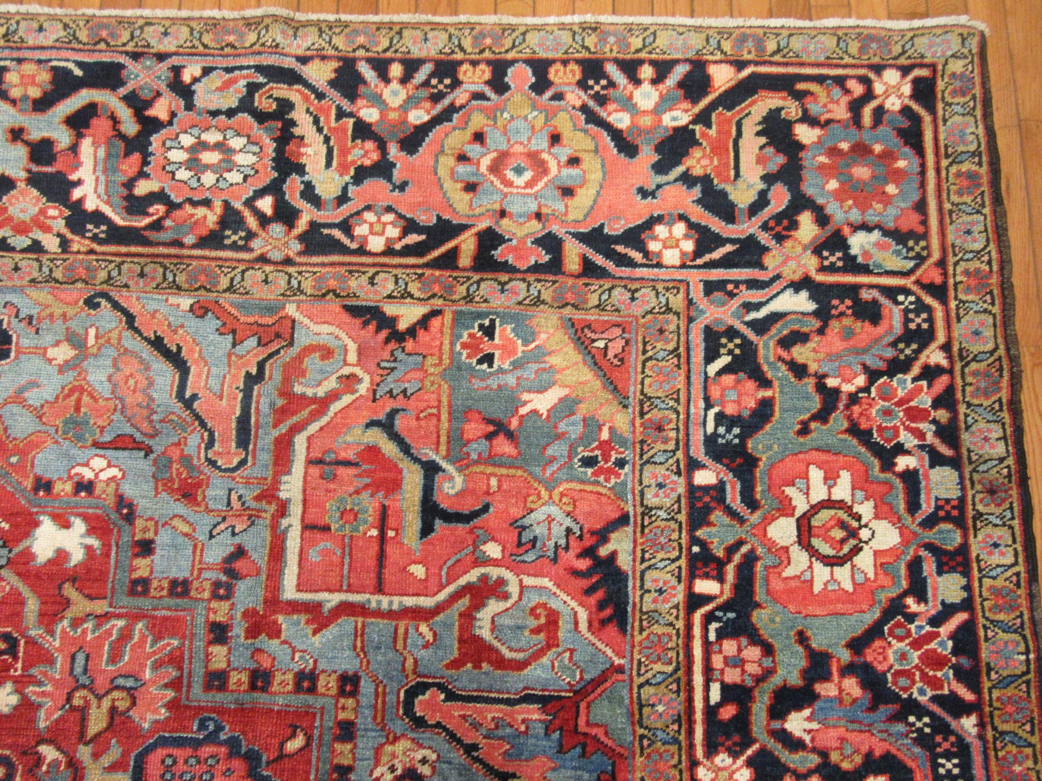 Antique Hand Knotted Red, Blue Navy Wool Persian Heriz Rug For Sale 6
