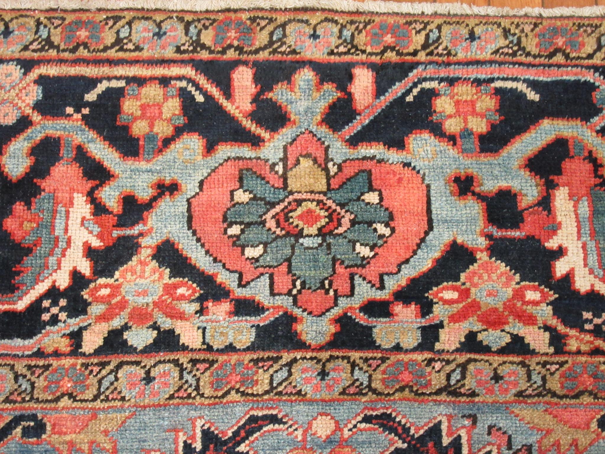 Antique Hand Knotted Red, Blue Navy Wool Persian Heriz Rug For Sale 7