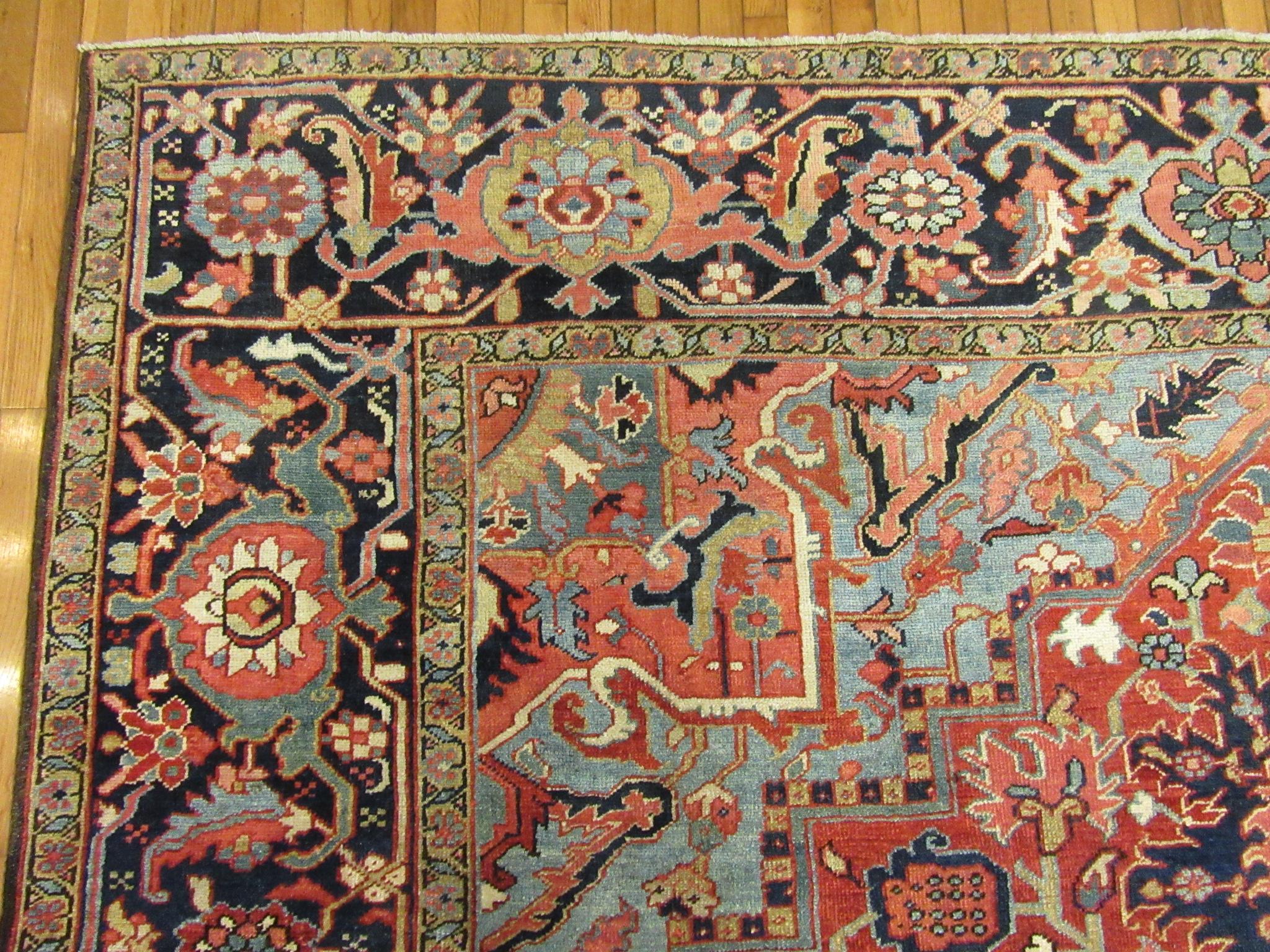 Antique Hand Knotted Red, Blue Navy Wool Persian Heriz Rug For Sale 8