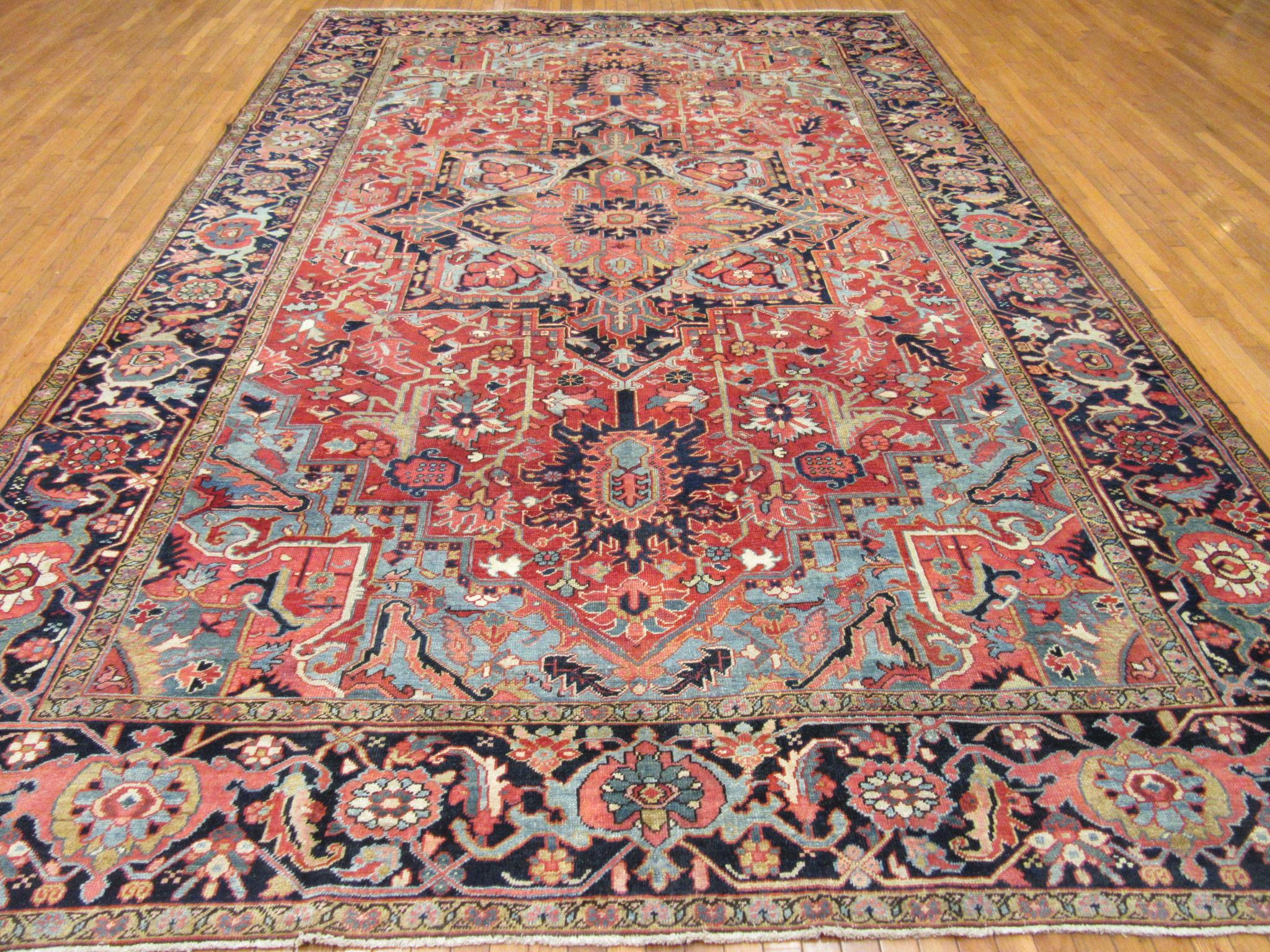Antique Hand Knotted Red, Blue Navy Wool Persian Heriz Rug For Sale 9