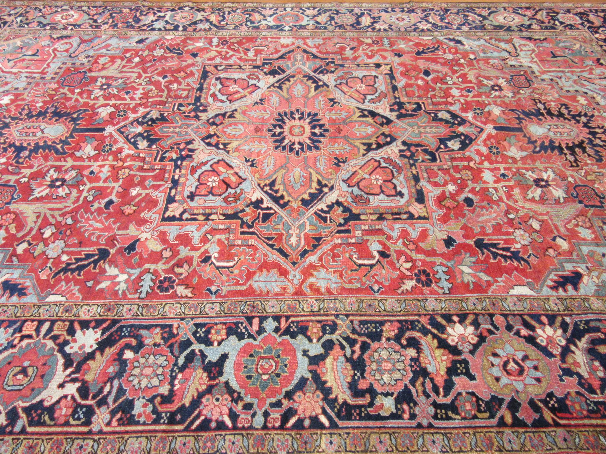 Antique Hand Knotted Red, Blue Navy Wool Persian Heriz Rug For Sale 10