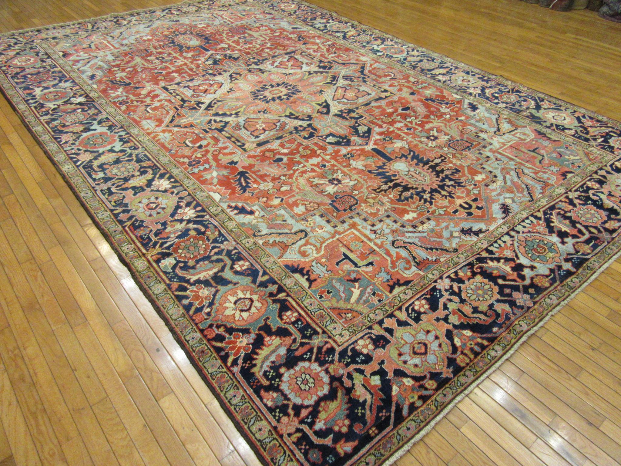 Antique Hand Knotted Red, Blue Navy Wool Persian Heriz Rug For Sale 11