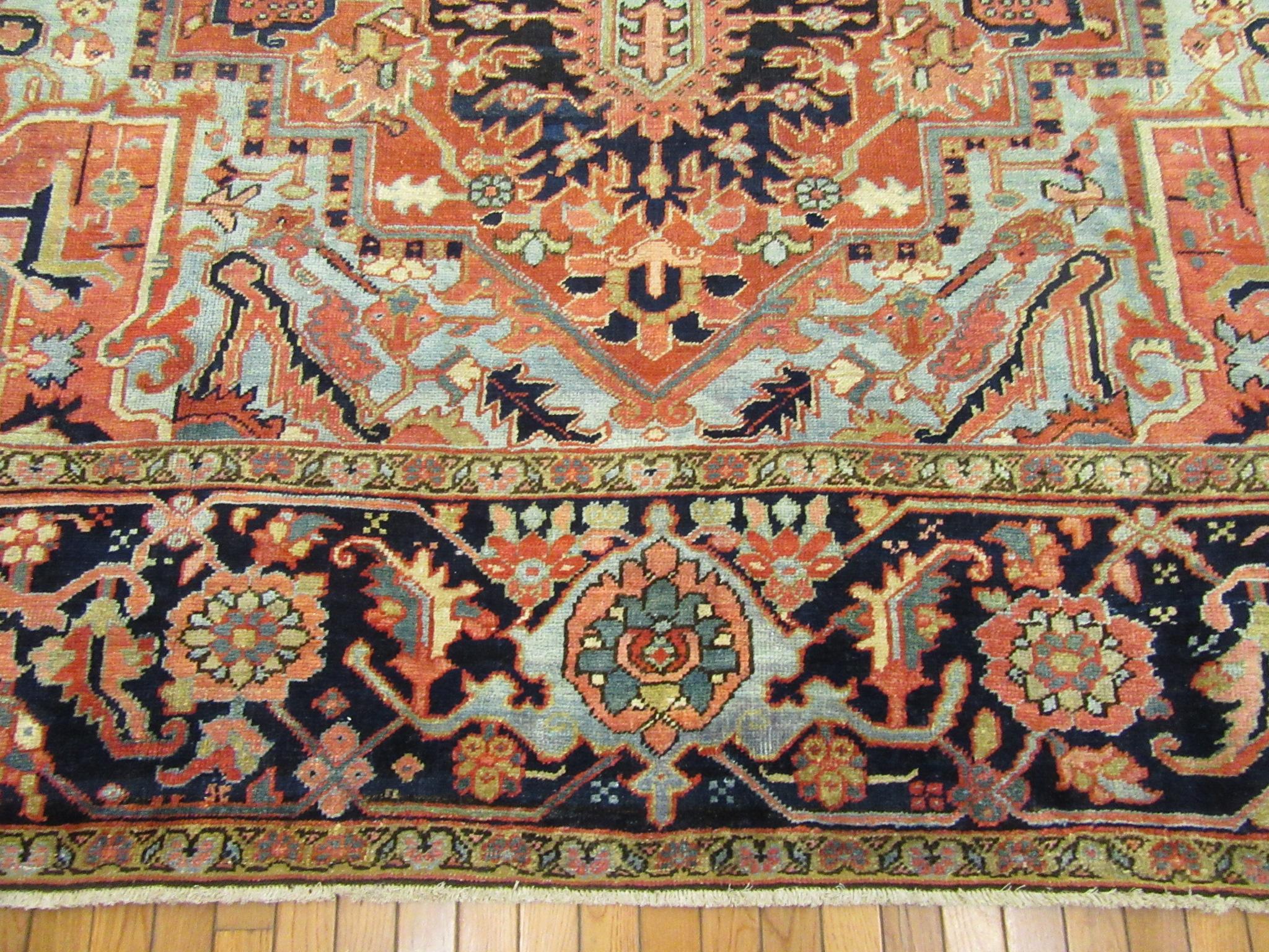 Heriz Serapi Antique Hand Knotted Red, Blue Navy Wool Persian Heriz Rug For Sale