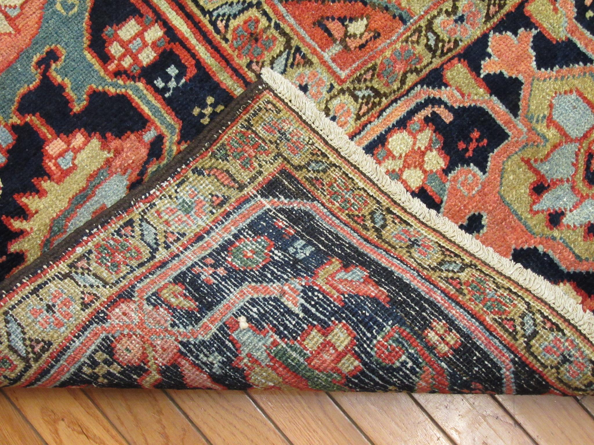 20th Century Antique Hand Knotted Red, Blue Navy Wool Persian Heriz Rug For Sale