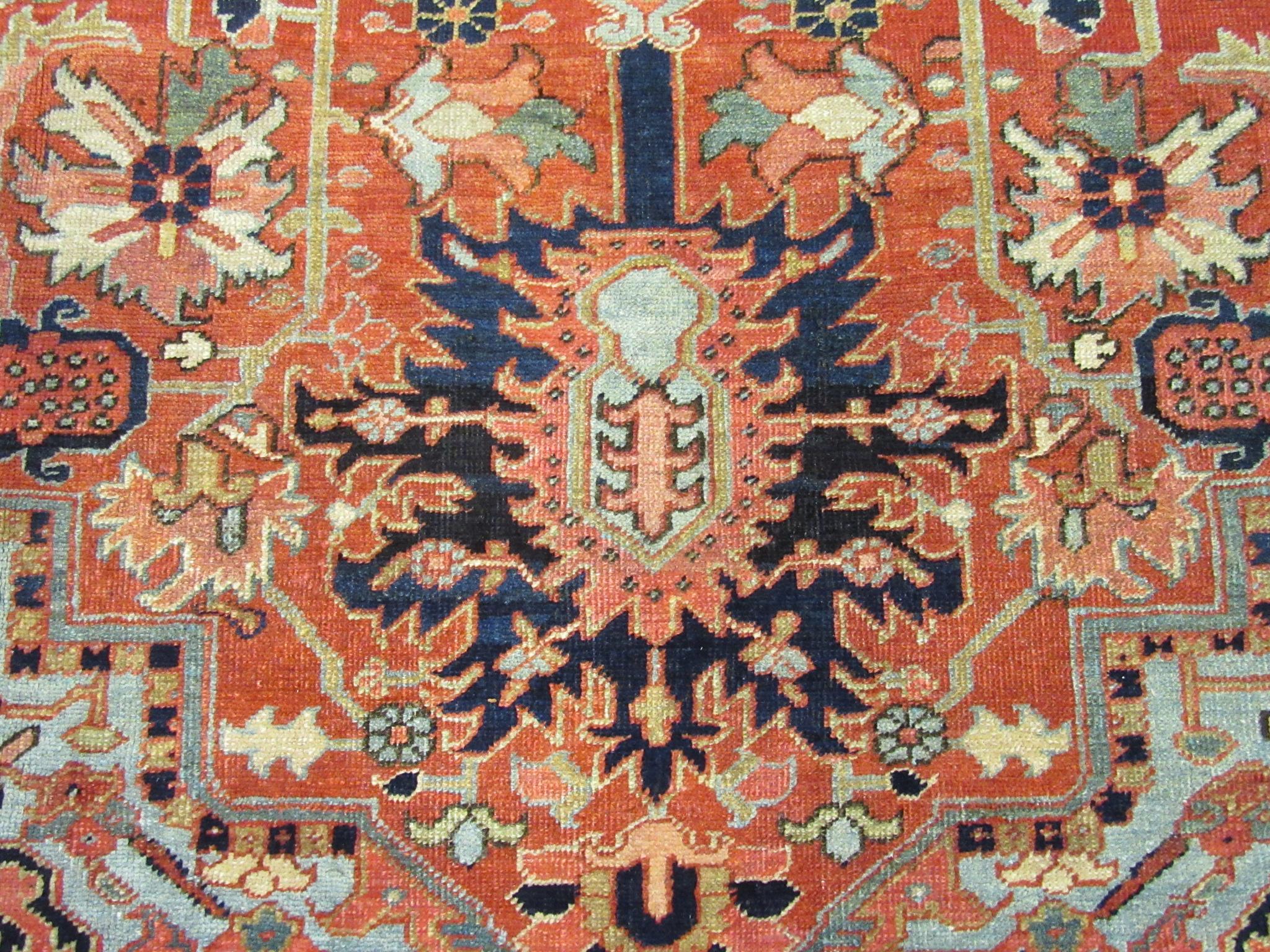 Antique Hand Knotted Red, Blue Navy Wool Persian Heriz Rug For Sale 1